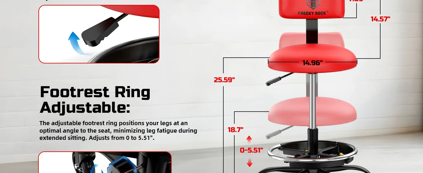 Rolling Shop Stool with Wheels, Garage Mechanic Stool Chair with Backrest, Height Adjustable Heavy Duty Swivel Task Chair, Adjustable Footrest with Storage Tray for Garage Kitchen Salon Tattoo (Red)