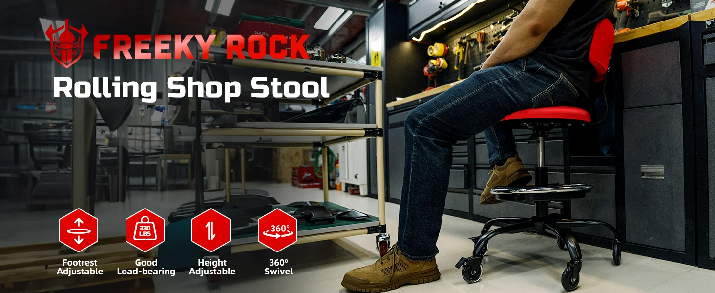 Rolling Shop Stool with Wheels, Garage Mechanic Stool Chair with Backrest, Height Adjustable Heavy Duty Swivel Task Chair, Adjustable Footrest with Storage Tray for Garage Kitchen Salon Tattoo (Red)