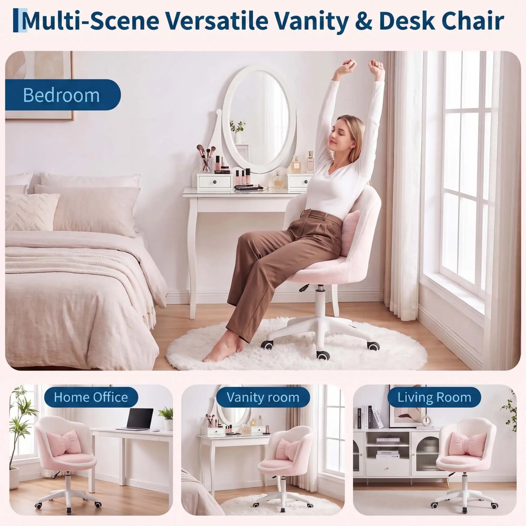 Cute Petal Vanity Chair With Wheels & Lumbar Pillow, Height Adjustable Velvet Armless Swivel Desk Chair For Bedroom Home Office Makeup