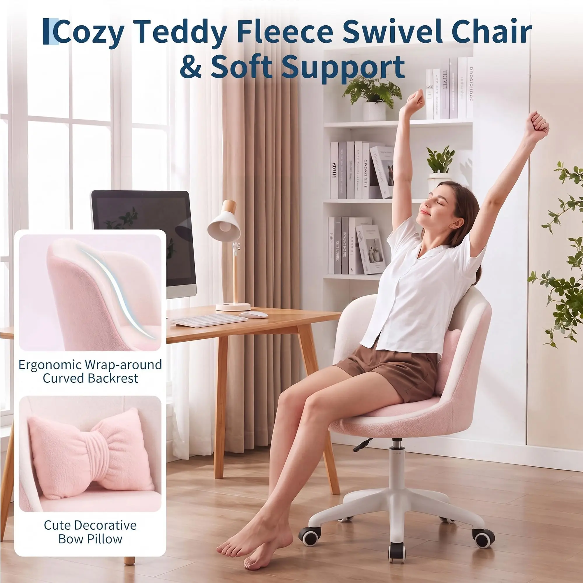 Cute Petal Vanity Chair With Wheels & Lumbar Pillow, Height Adjustable Velvet Armless Swivel Desk Chair For Bedroom Home Office Makeup