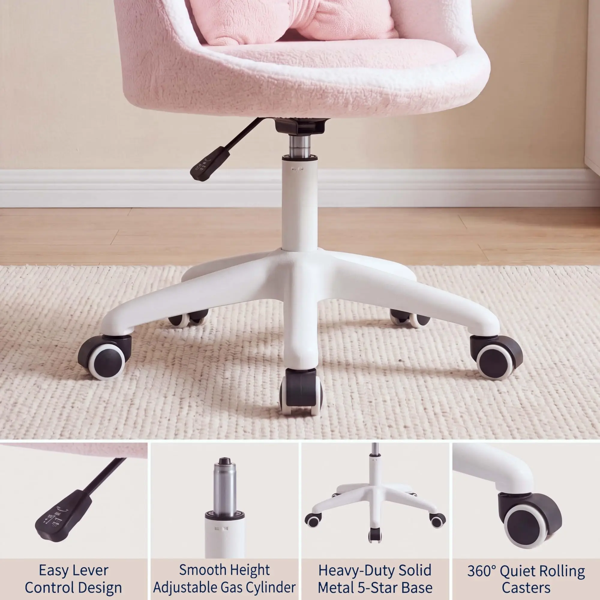 Cute Petal Vanity Chair With Wheels & Lumbar Pillow, Height Adjustable Velvet Armless Swivel Desk Chair For Bedroom Home Office Makeup