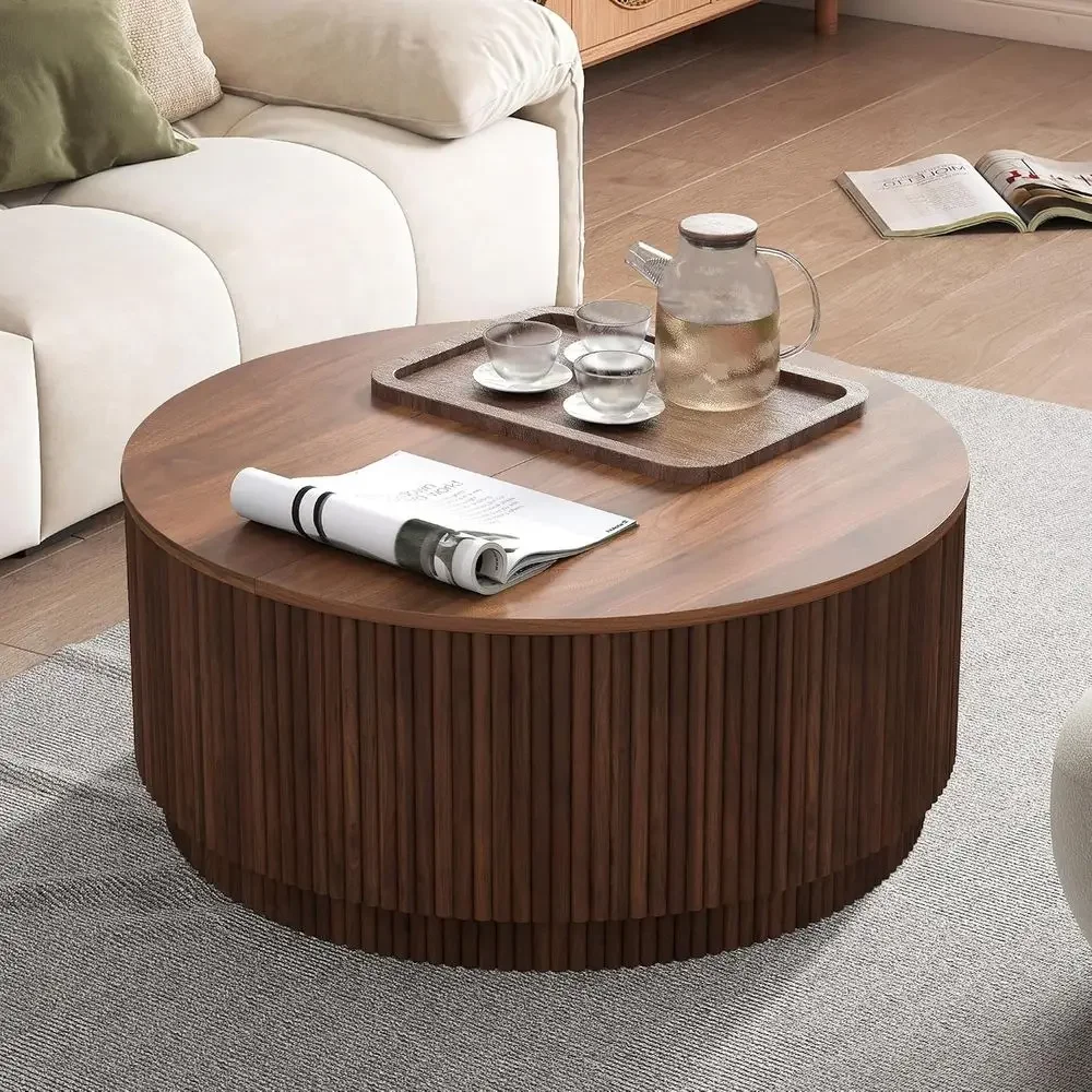 31.5" Round Coee Table with Storage, Century ern Coee Tables with luted Base, Wooden Circle Accent Center Table or Living Room S