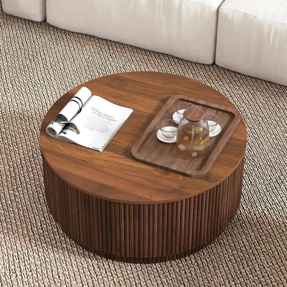31.5" Round Coee Table with Storage, Century ern Coee Tables with luted Base, Wooden Circle Accent Center Table or Living Room S