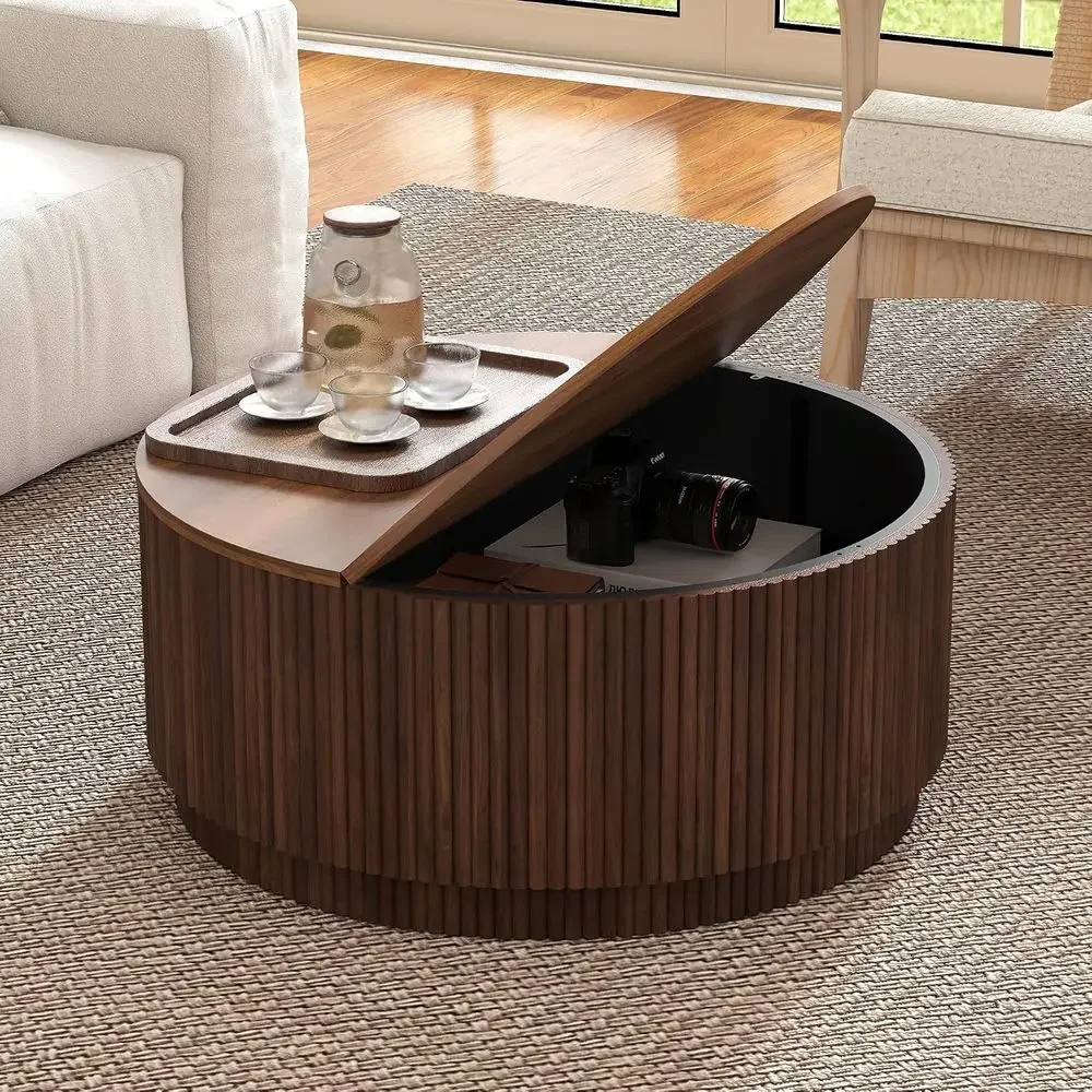 31.5" Round Coee Table with Storage, Century ern Coee Tables with luted Base, Wooden Circle Accent Center Table or Living Room S