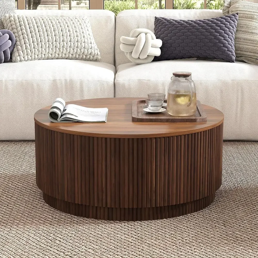 31.5" Round Coee Table with Storage, Century ern Coee Tables with luted Base, Wooden Circle Accent Center Table or Living Room S