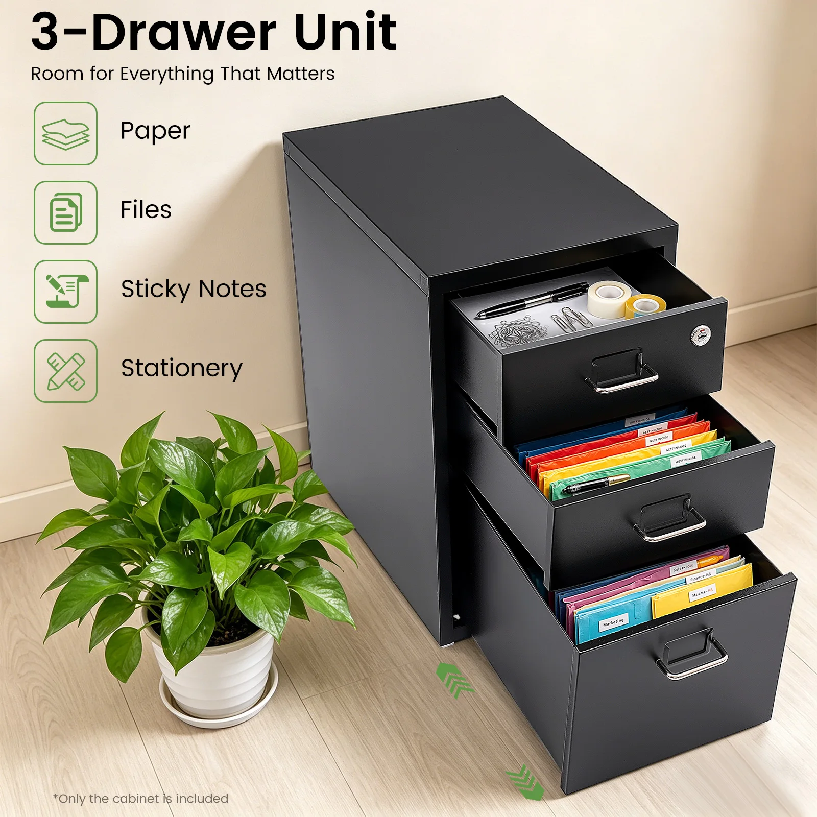 Lockable Under Desk Metal Filing Cabinet Rectangular Minimalist Frame Curved Pull Handle Label Card Slot Detachable Rolling Base Home Business Stationery Sorting Storage Chest