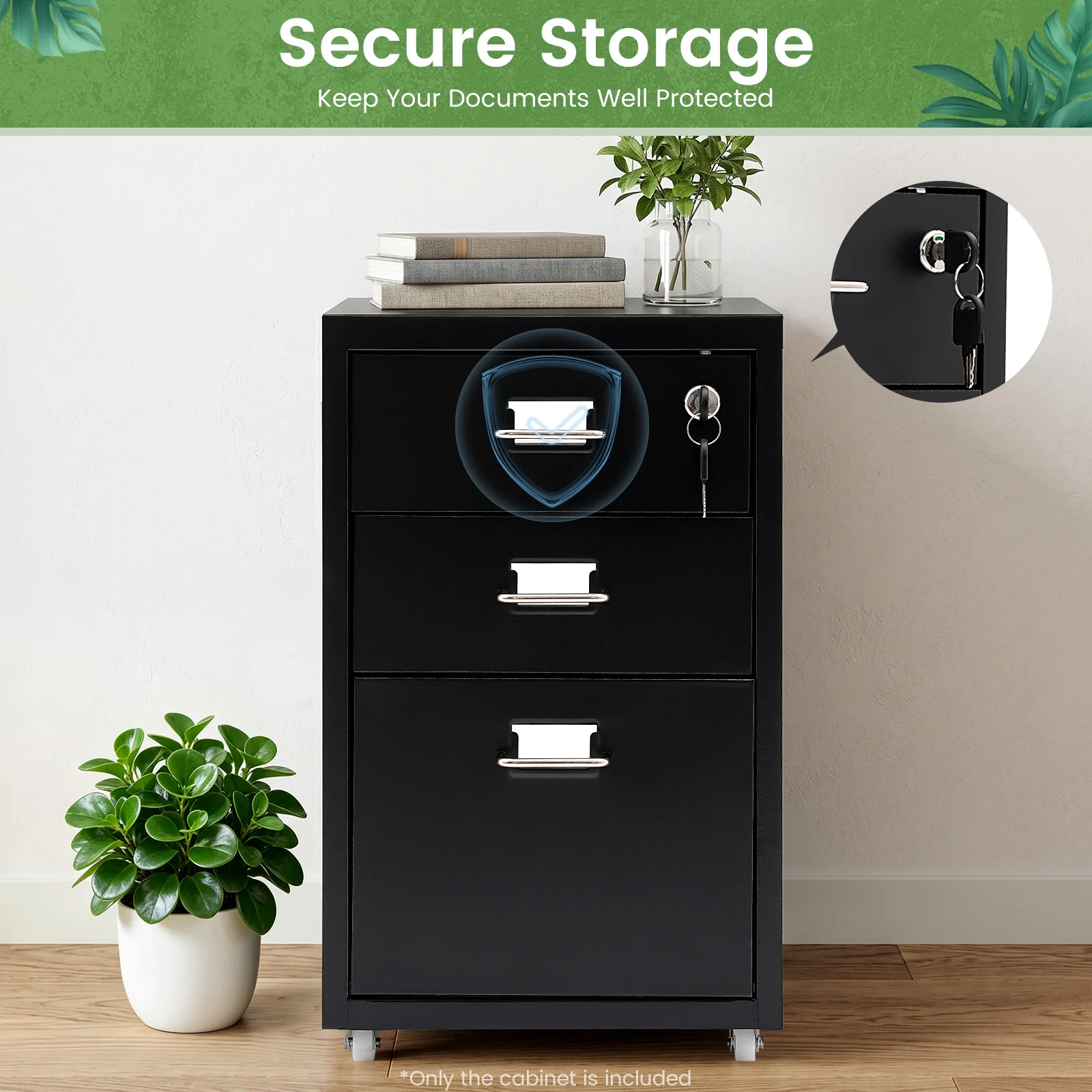 Lockable Under Desk Metal Filing Cabinet Rectangular Minimalist Frame Curved Pull Handle Label Card Slot Detachable Rolling Base Home Business Stationery Sorting Storage Chest
