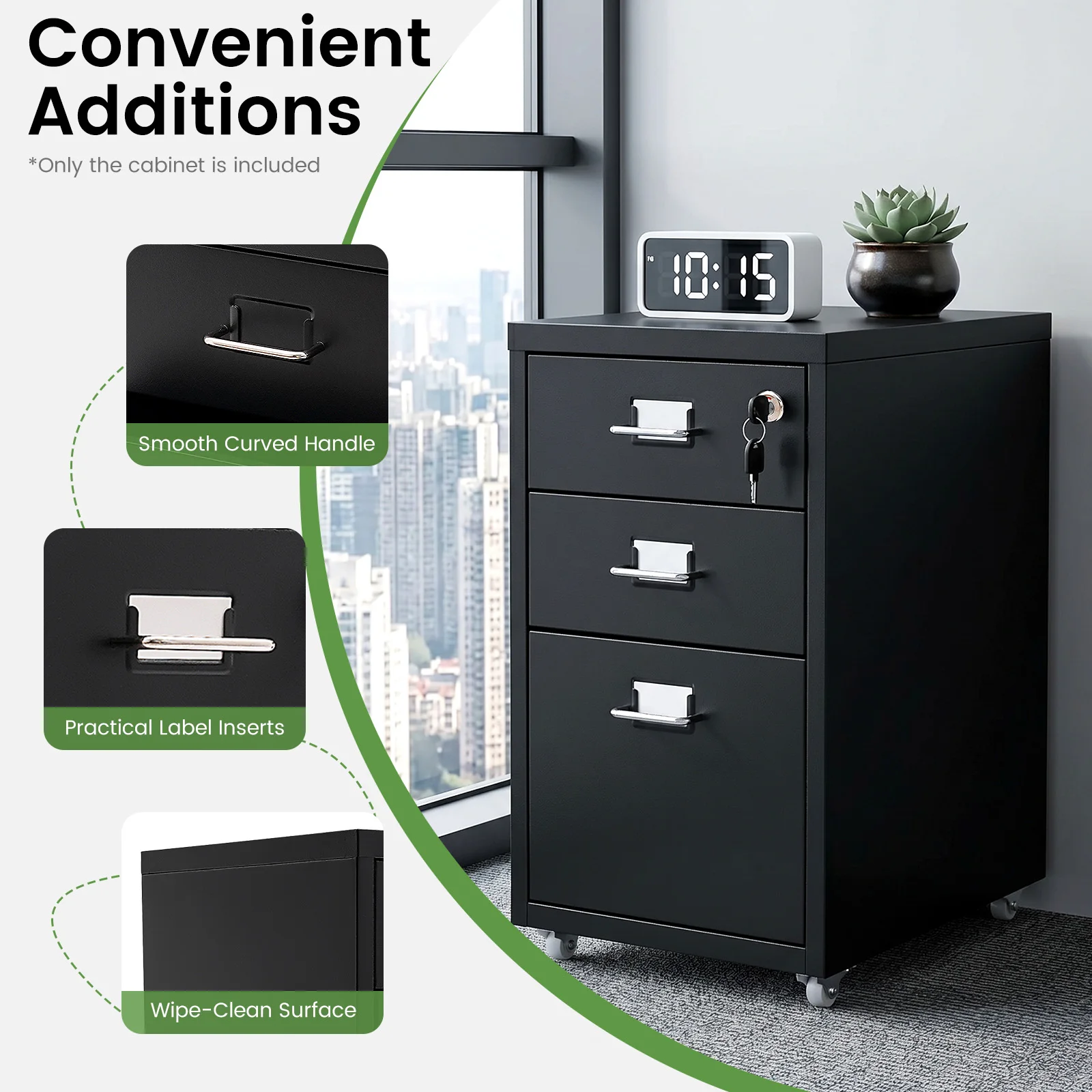 Lockable Under Desk Metal Filing Cabinet Rectangular Minimalist Frame Curved Pull Handle Label Card Slot Detachable Rolling Base Home Business Stationery Sorting Storage Chest
