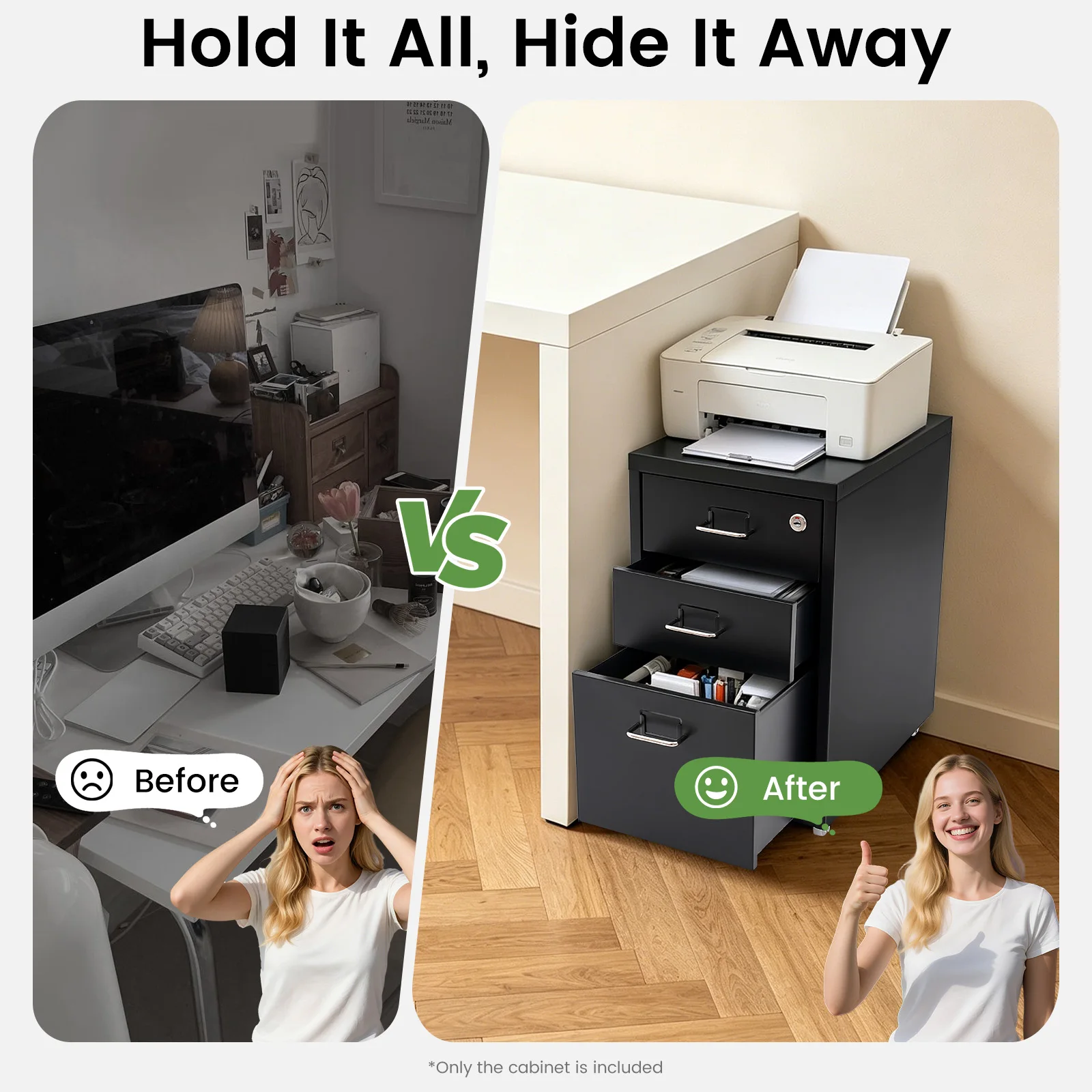 Lockable Under Desk Metal Filing Cabinet Rectangular Minimalist Frame Curved Pull Handle Label Card Slot Detachable Rolling Base Home Business Stationery Sorting Storage Chest