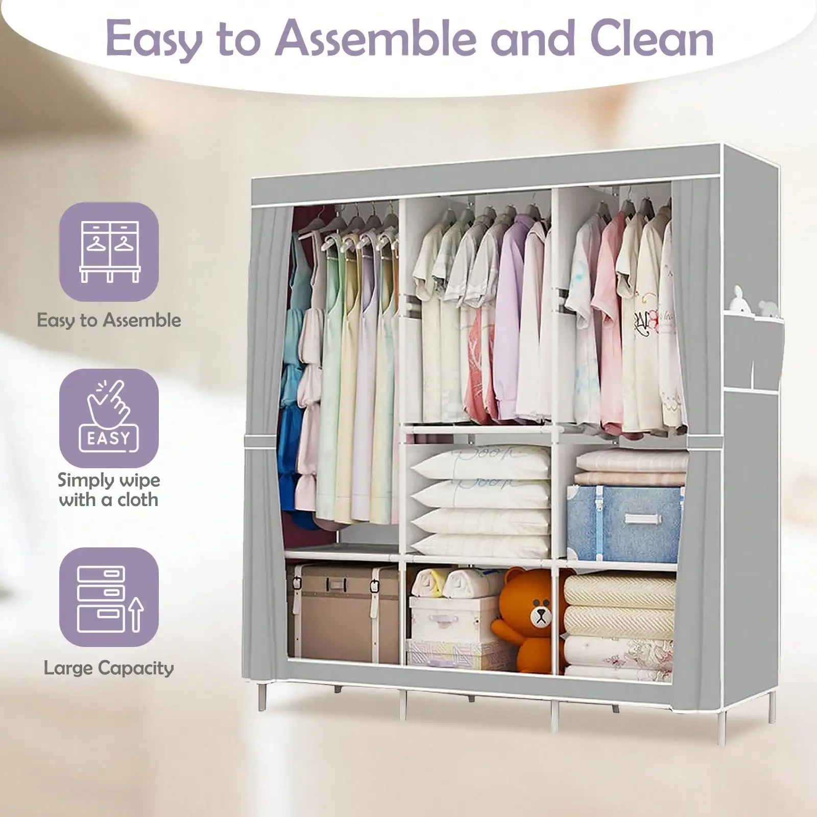 65" Portable Wardrobe Closet with Shelves & Hanging Rod, Large Capacity Cloth Storage Cabinet with Zipper Cover, Dustproof Non-Woven Fabric Organizer for Bedroom Dorm Apartment, Easy Assembly