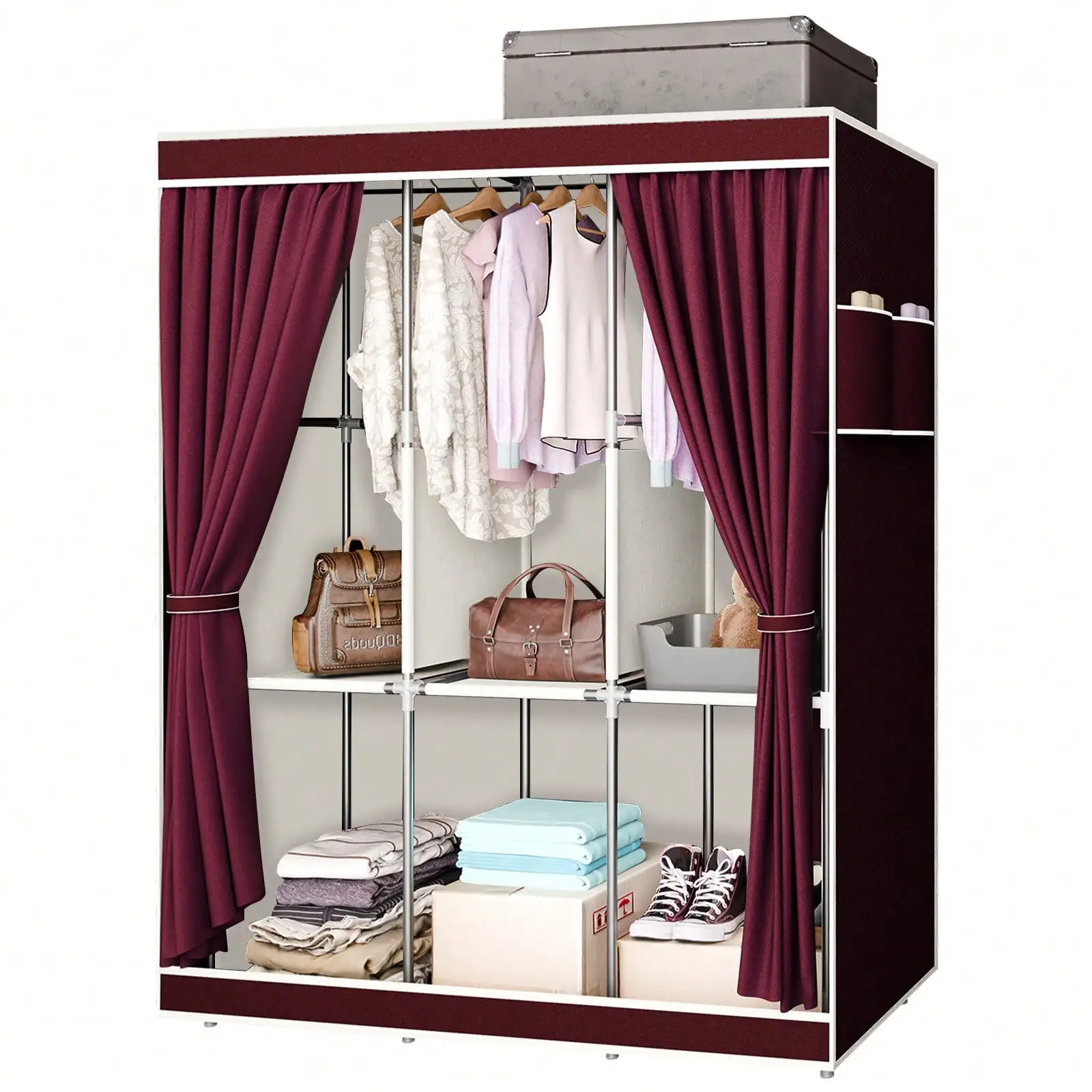 65" Portable Wardrobe Closet with Shelves & Hanging Rod, Large Capacity Cloth Storage Cabinet with Zipper Cover, Dustproof Non-Woven Fabric Organizer for Bedroom Dorm Apartment, Easy Assembly