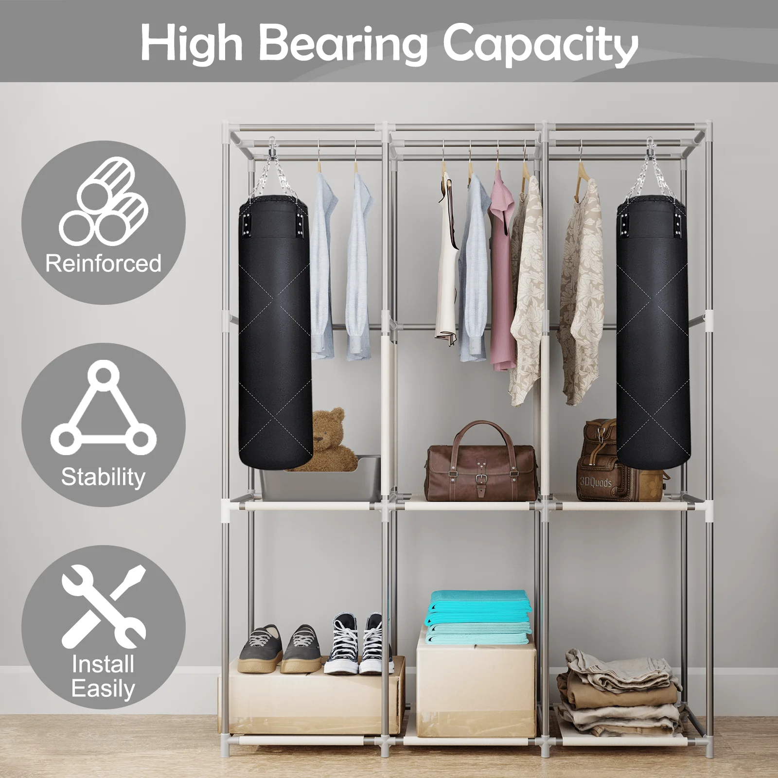 65" Portable Wardrobe Closet with Shelves & Hanging Rod, Large Capacity Cloth Storage Cabinet with Zipper Cover, Dustproof Non-Woven Fabric Organizer for Bedroom Dorm Apartment, Easy Assembly