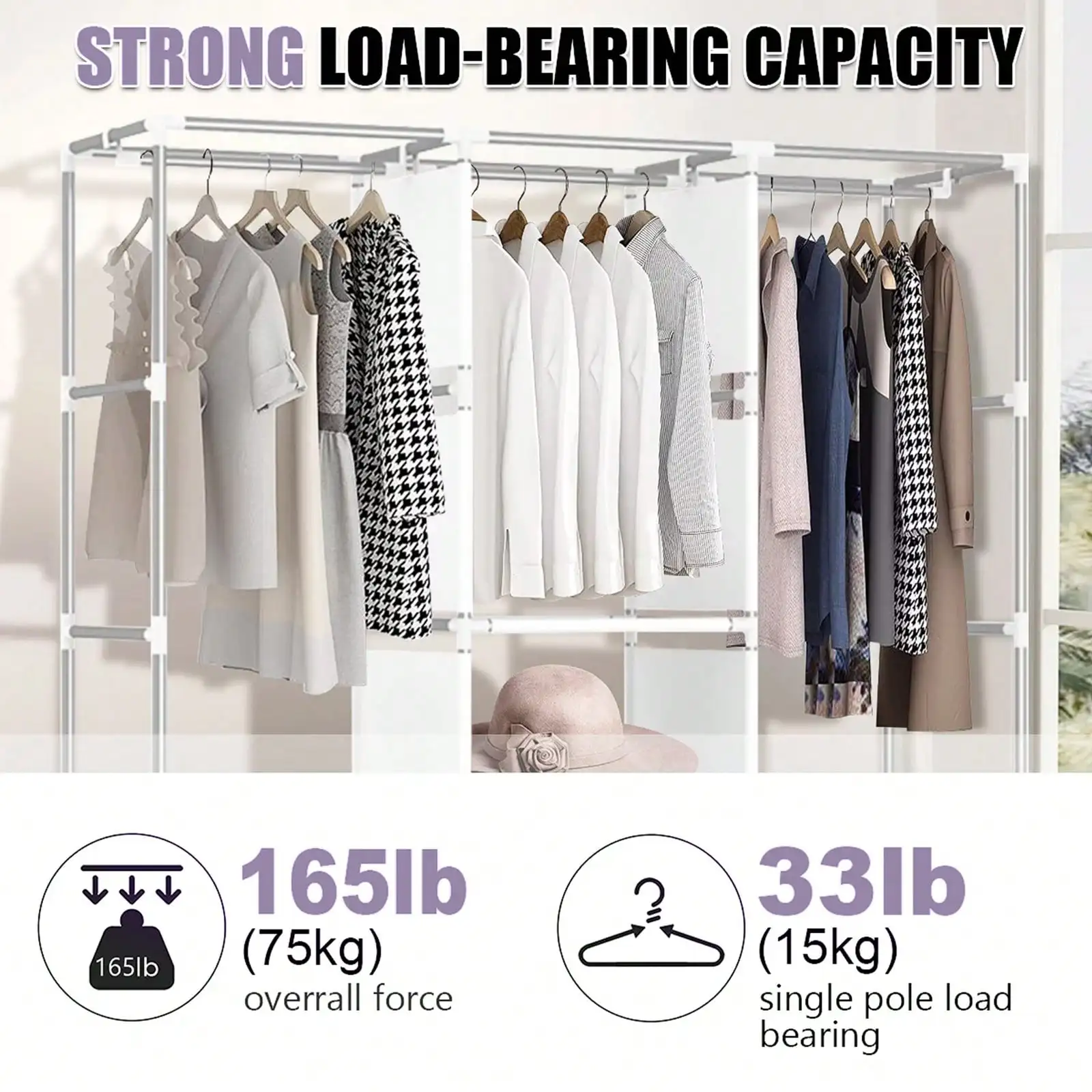 65" Portable Wardrobe Closet with Shelves & Hanging Rod, Large Capacity Cloth Storage Cabinet with Zipper Cover, Dustproof Non-Woven Fabric Organizer for Bedroom Dorm Apartment, Easy Assembly