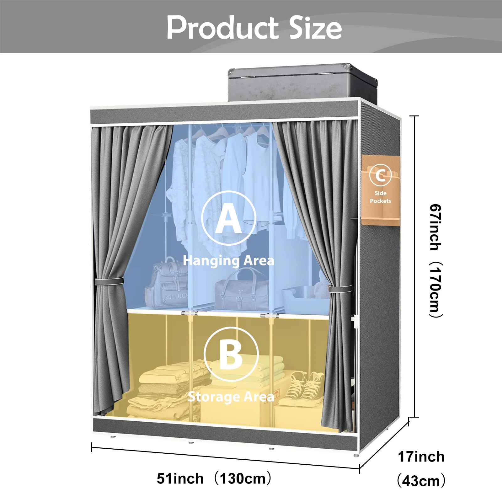 65" Portable Wardrobe Closet with Shelves & Hanging Rod, Large Capacity Cloth Storage Cabinet with Zipper Cover, Dustproof Non-Woven Fabric Organizer for Bedroom Dorm Apartment, Easy Assembly