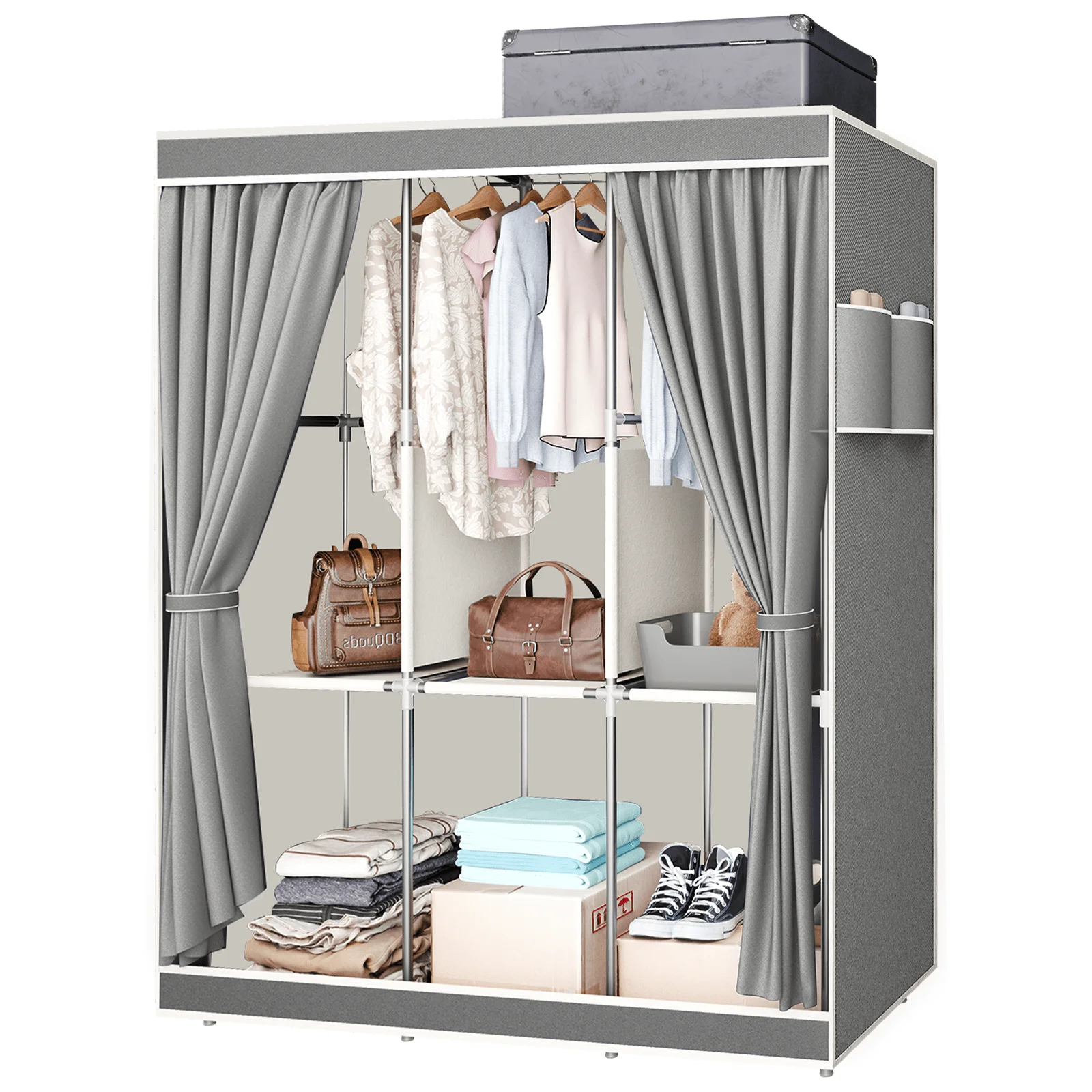 65" Portable Wardrobe Closet with Shelves & Hanging Rod, Large Capacity Cloth Storage Cabinet with Zipper Cover, Dustproof Non-Woven Fabric Organizer for Bedroom Dorm Apartment, Easy Assembly
