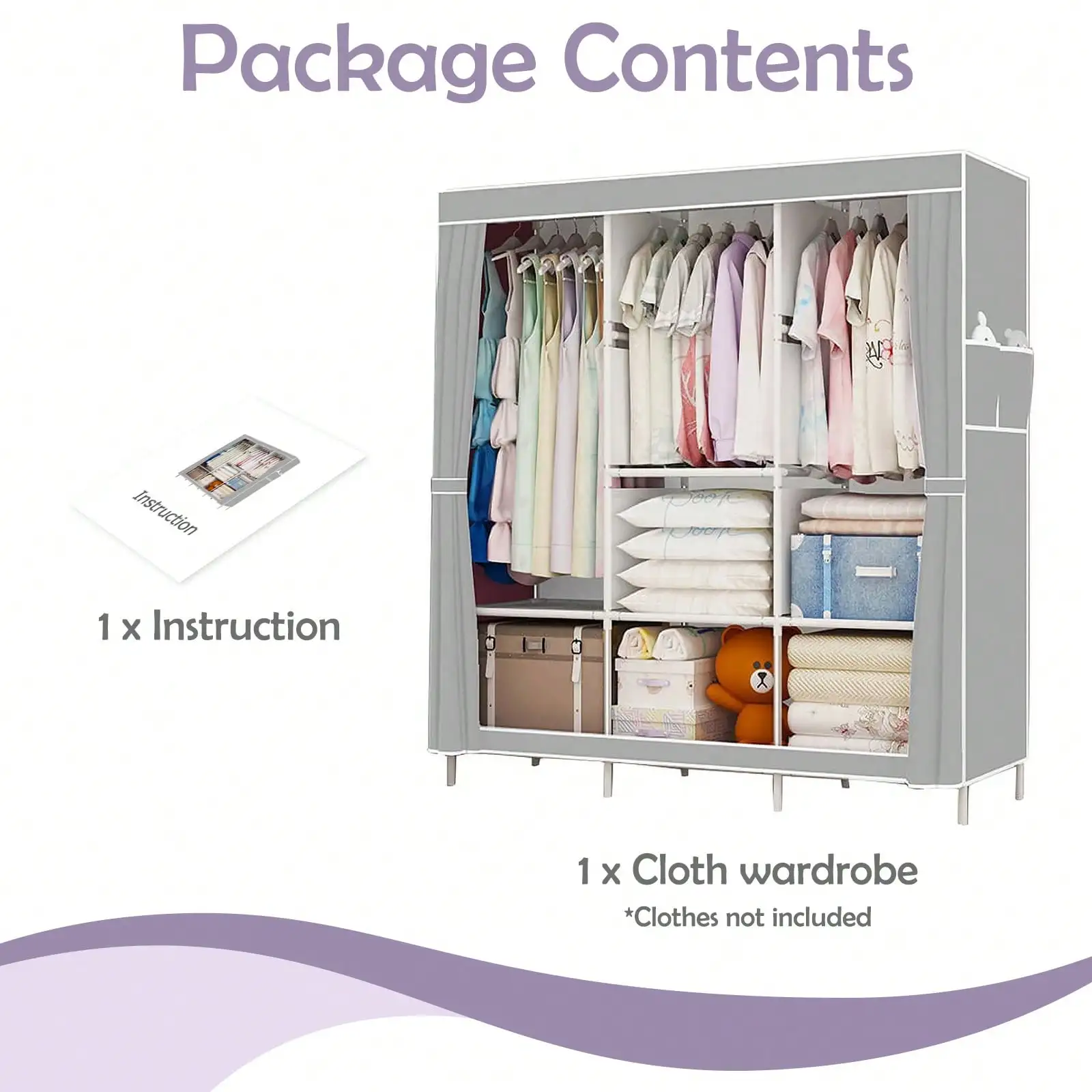 65" Portable Wardrobe Closet with Shelves & Hanging Rod, Large Capacity Cloth Storage Cabinet with Zipper Cover, Dustproof Non-Woven Fabric Organizer for Bedroom Dorm Apartment, Easy Assembly