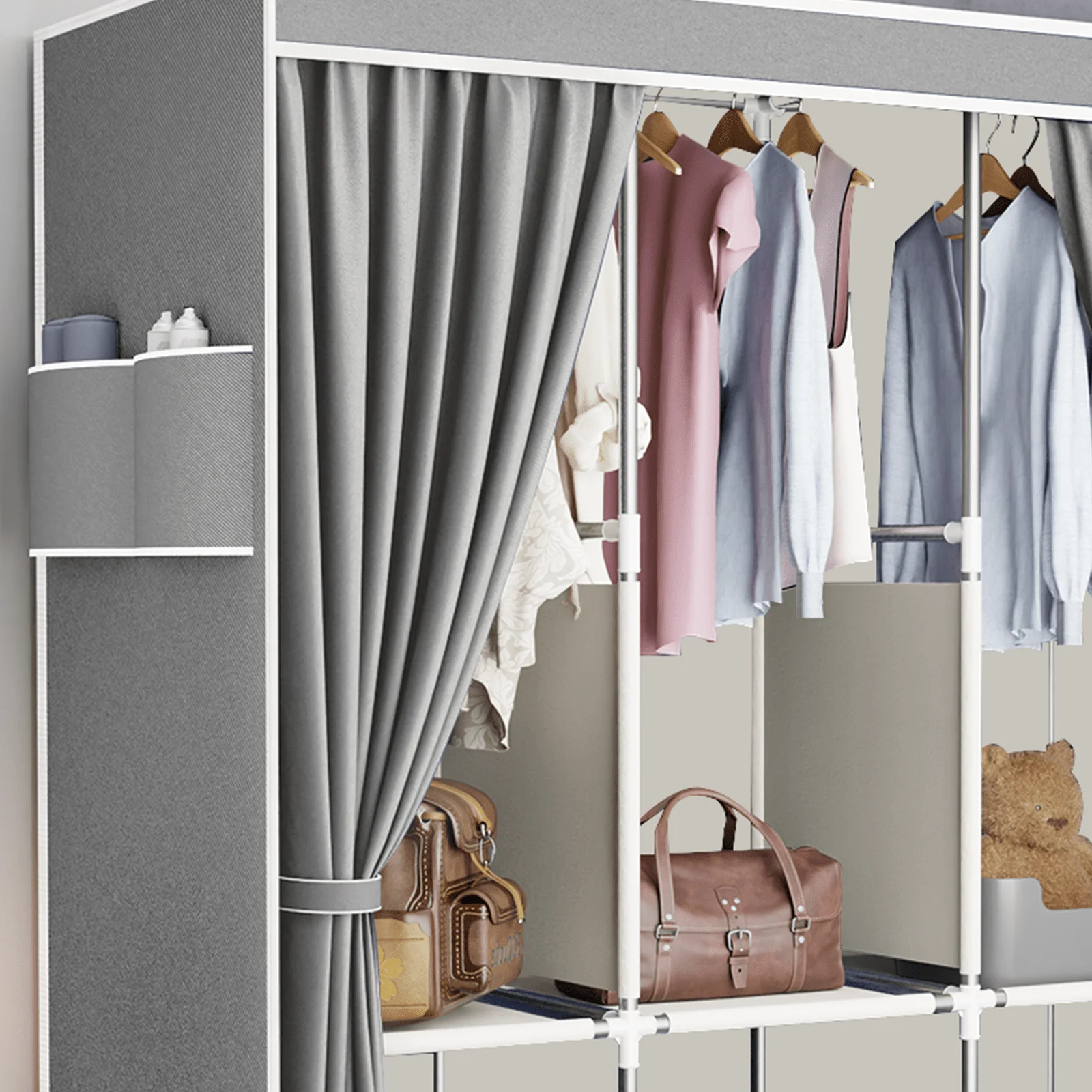 65" Portable Wardrobe Closet with Shelves & Hanging Rod, Large Capacity Cloth Storage Cabinet with Zipper Cover, Dustproof Non-Woven Fabric Organizer for Bedroom Dorm Apartment, Easy Assembly