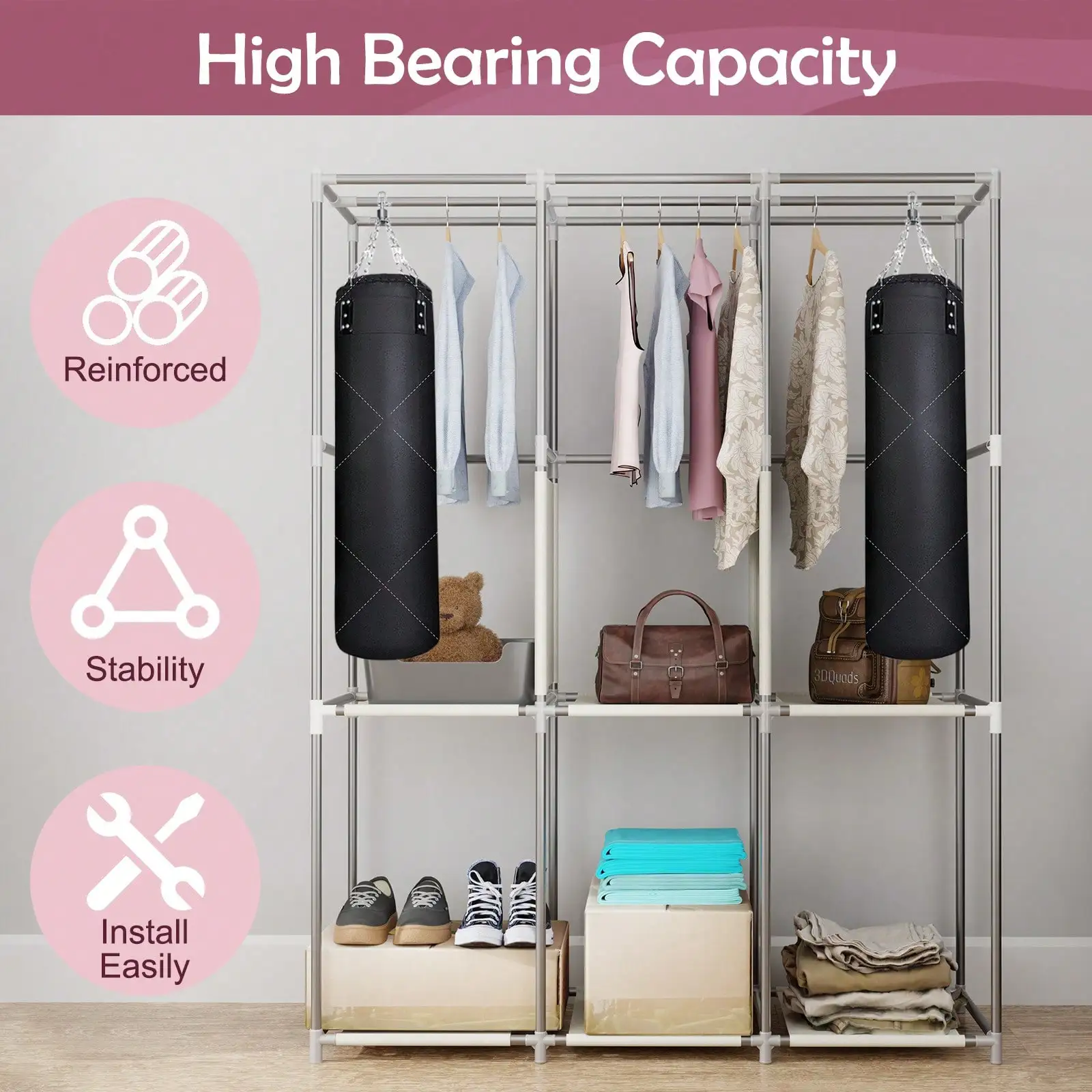 65" Portable Wardrobe Closet with Shelves & Hanging Rod, Large Capacity Cloth Storage Cabinet with Zipper Cover, Dustproof Non-Woven Fabric Organizer for Bedroom Dorm Apartment, Easy Assembly