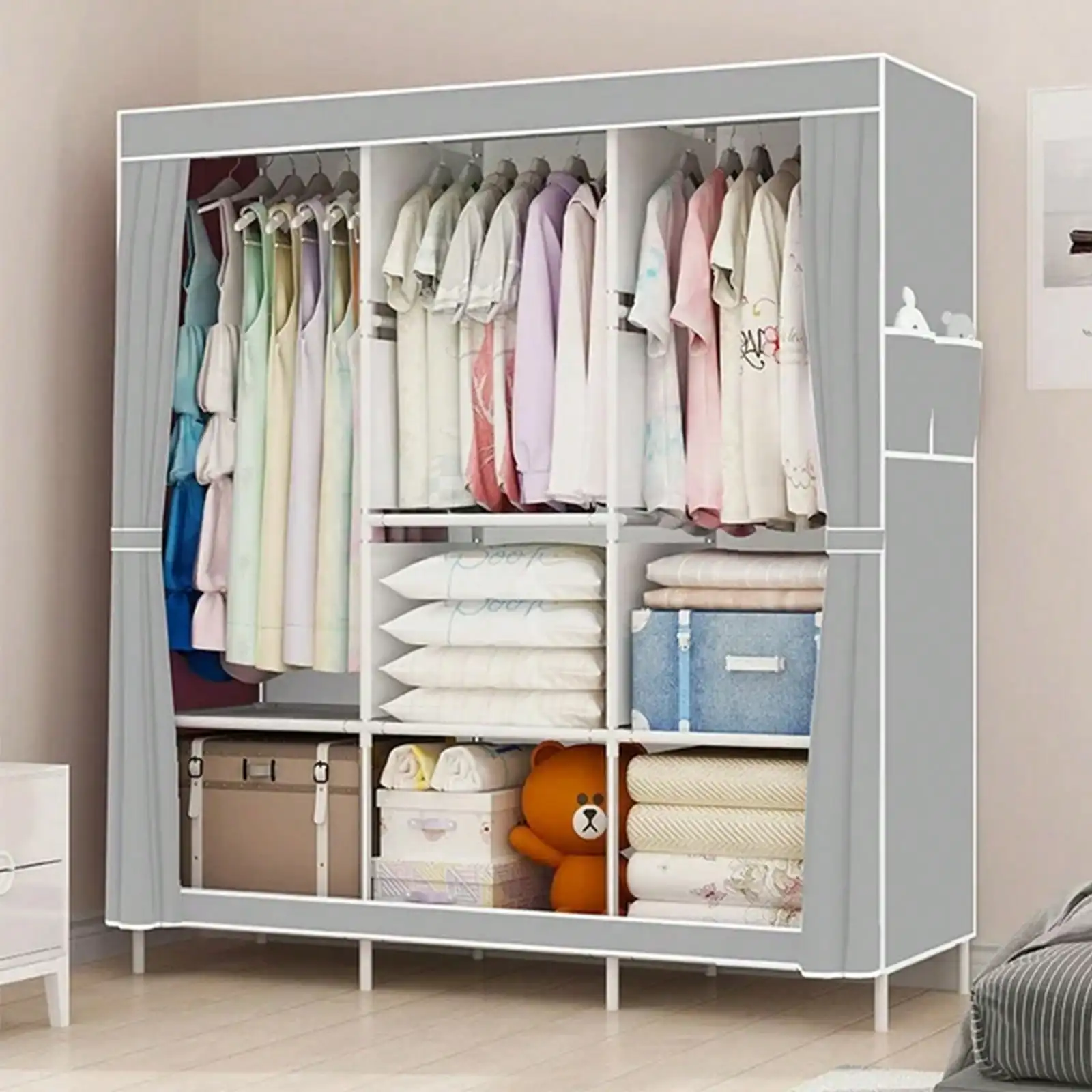 65" Portable Wardrobe Closet with Shelves & Hanging Rod, Large Capacity Cloth Storage Cabinet with Zipper Cover, Dustproof Non-Woven Fabric Organizer for Bedroom Dorm Apartment, Easy Assembly