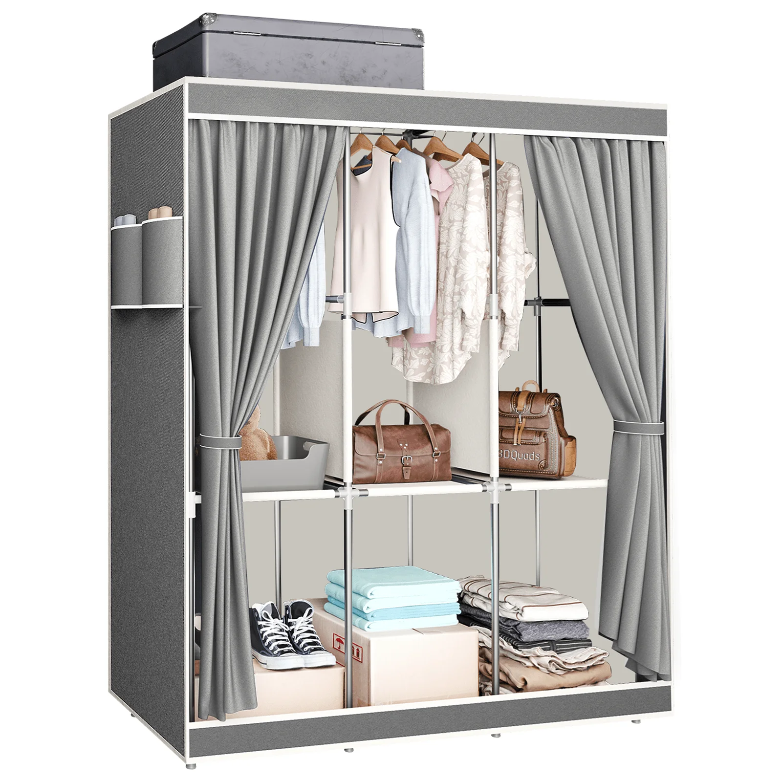 65" Portable Wardrobe Closet with Shelves & Hanging Rod, Large Capacity Cloth Storage Cabinet with Zipper Cover, Dustproof Non-Woven Fabric Organizer for Bedroom Dorm Apartment, Easy Assembly