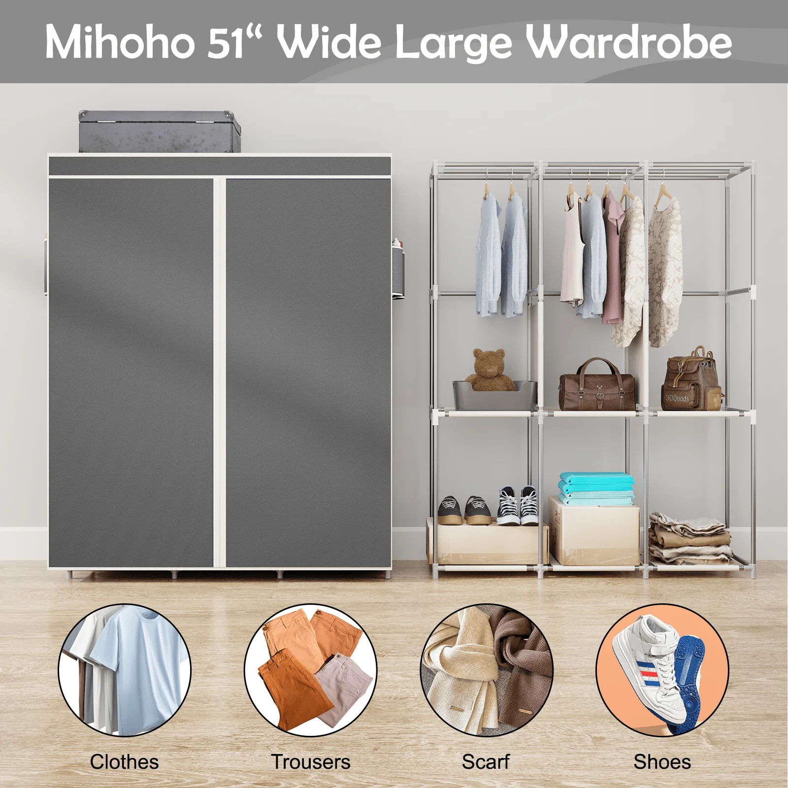 65" Portable Wardrobe Closet with Shelves & Hanging Rod, Large Capacity Cloth Storage Cabinet with Zipper Cover, Dustproof Non-Woven Fabric Organizer for Bedroom Dorm Apartment, Easy Assembly