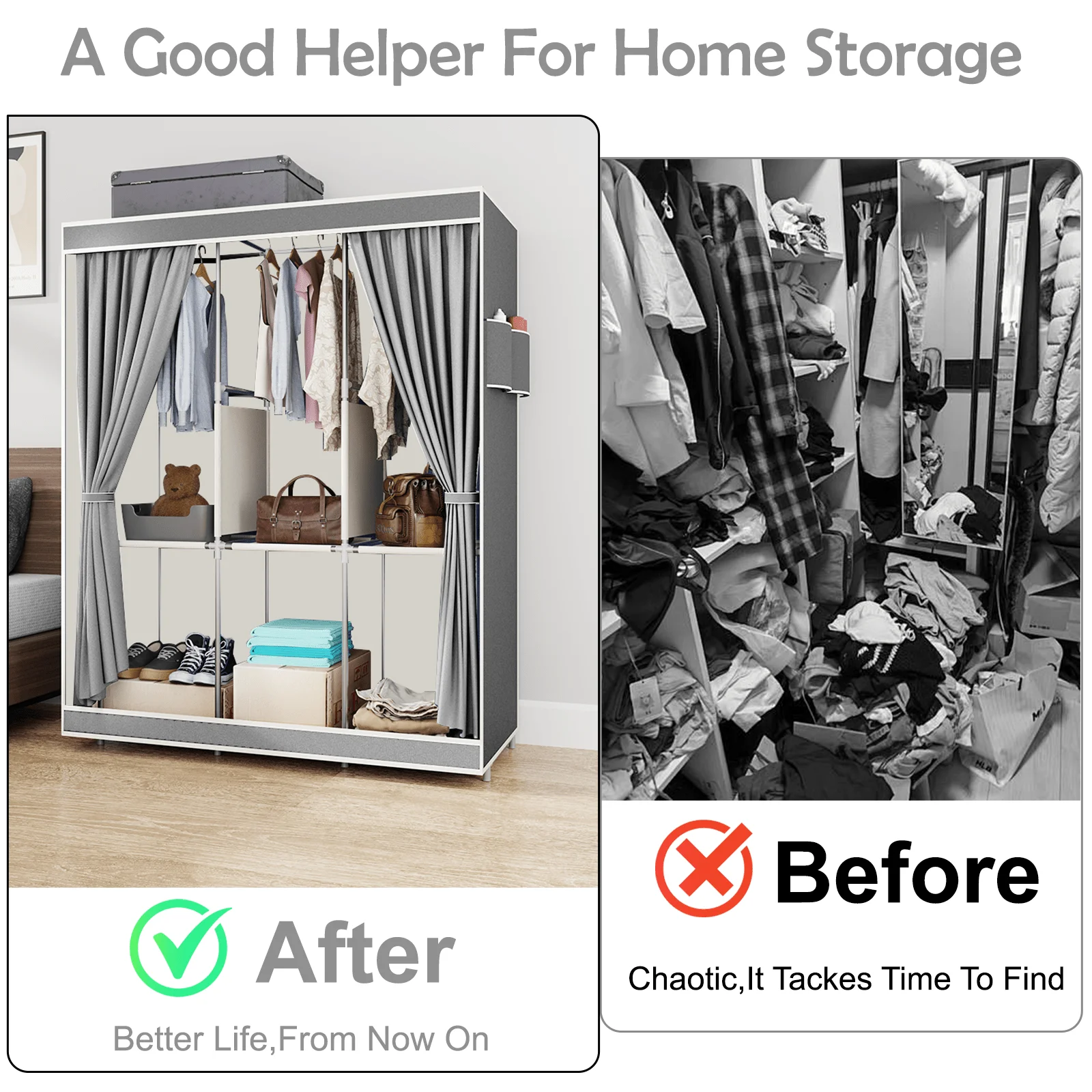 65" Portable Wardrobe Closet with Shelves & Hanging Rod, Large Capacity Cloth Storage Cabinet with Zipper Cover, Dustproof Non-Woven Fabric Organizer for Bedroom Dorm Apartment, Easy Assembly