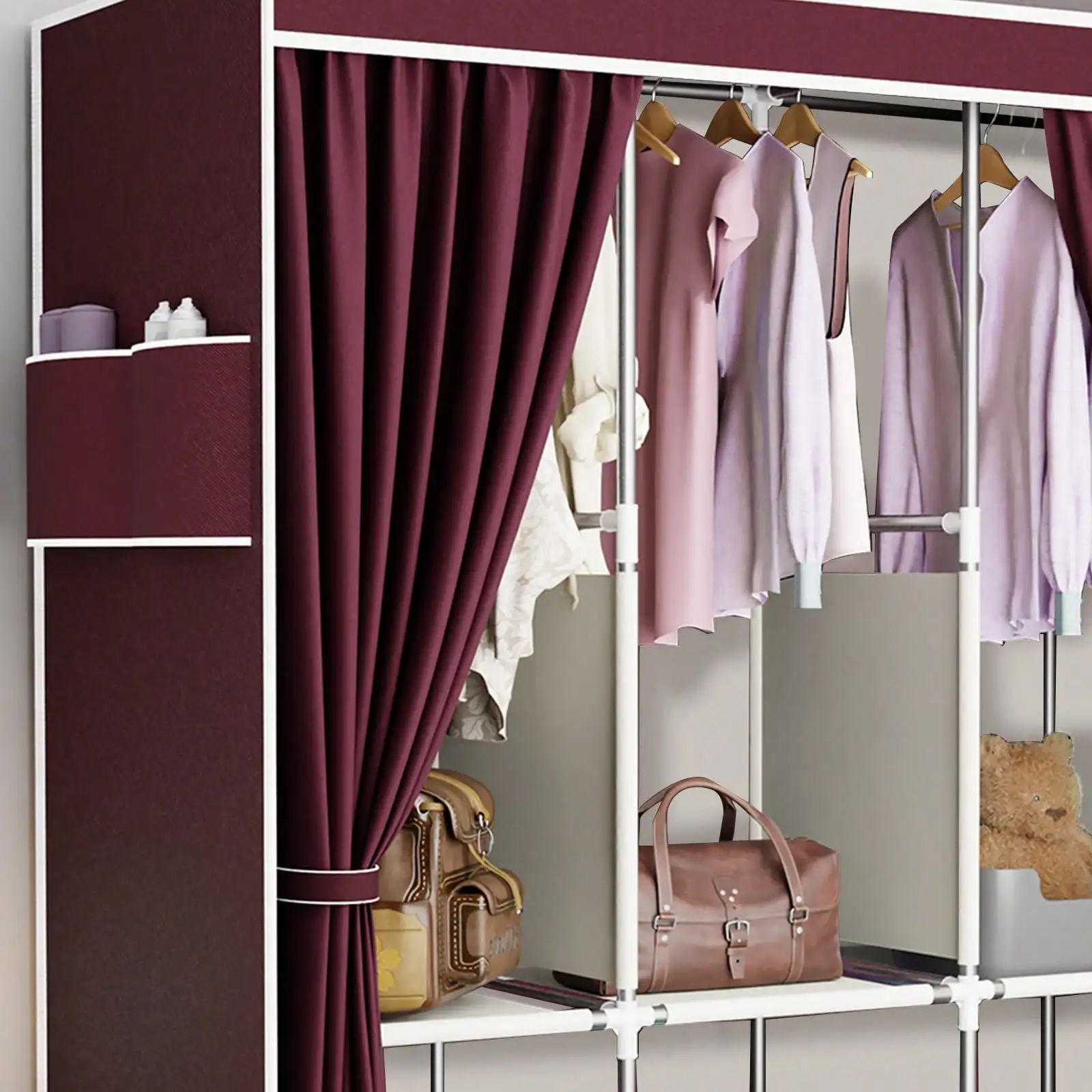 65" Portable Wardrobe Closet with Shelves & Hanging Rod, Large Capacity Cloth Storage Cabinet with Zipper Cover, Dustproof Non-Woven Fabric Organizer for Bedroom Dorm Apartment, Easy Assembly