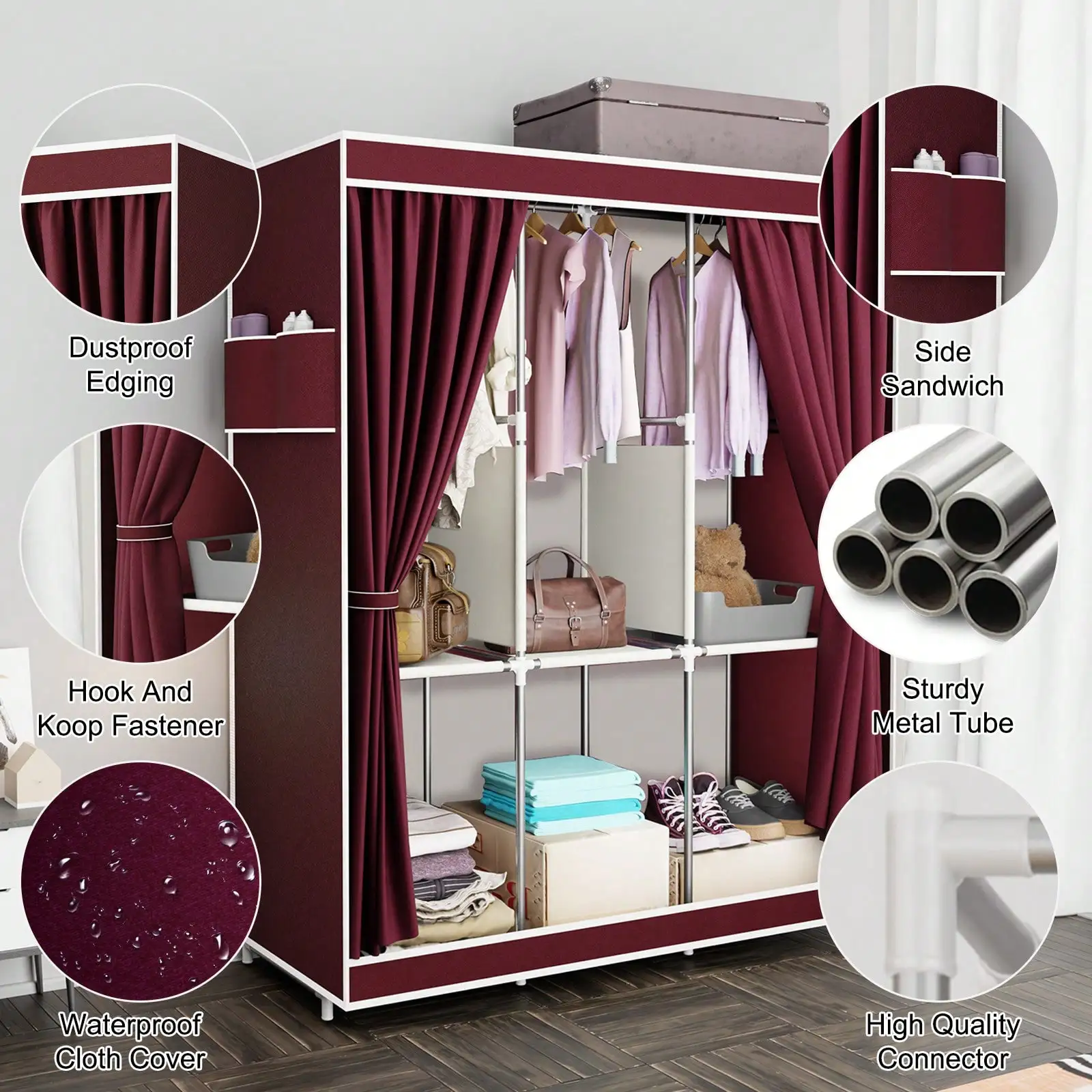65" Portable Wardrobe Closet with Shelves & Hanging Rod, Large Capacity Cloth Storage Cabinet with Zipper Cover, Dustproof Non-Woven Fabric Organizer for Bedroom Dorm Apartment, Easy Assembly