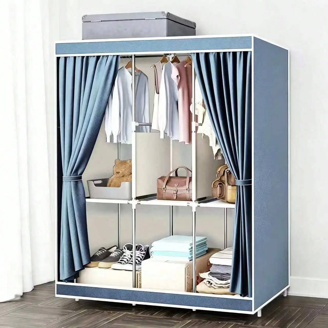 65" Portable Wardrobe Closet with Shelves & Hanging Rod, Large Capacity Cloth Storage Cabinet with Zipper Cover, Dustproof Non-Woven Fabric Organizer for Bedroom Dorm Apartment, Easy Assembly