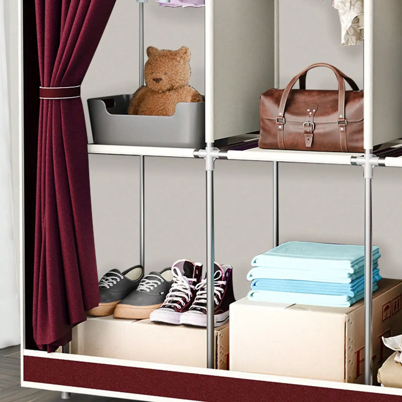 65" Portable Wardrobe Closet with Shelves & Hanging Rod, Large Capacity Cloth Storage Cabinet with Zipper Cover, Dustproof Non-Woven Fabric Organizer for Bedroom Dorm Apartment, Easy Assembly