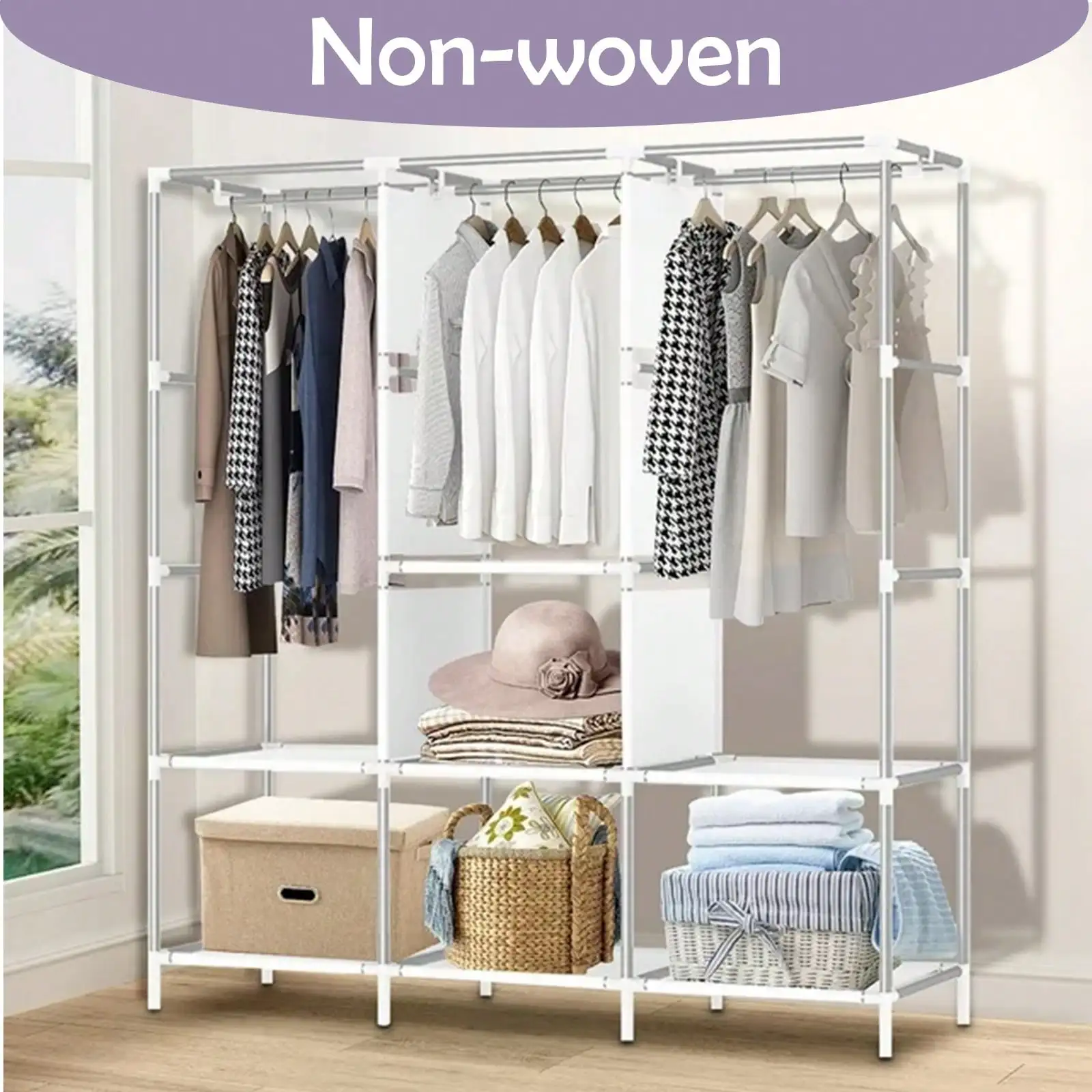 65" Portable Wardrobe Closet with Shelves & Hanging Rod, Large Capacity Cloth Storage Cabinet with Zipper Cover, Dustproof Non-Woven Fabric Organizer for Bedroom Dorm Apartment, Easy Assembly