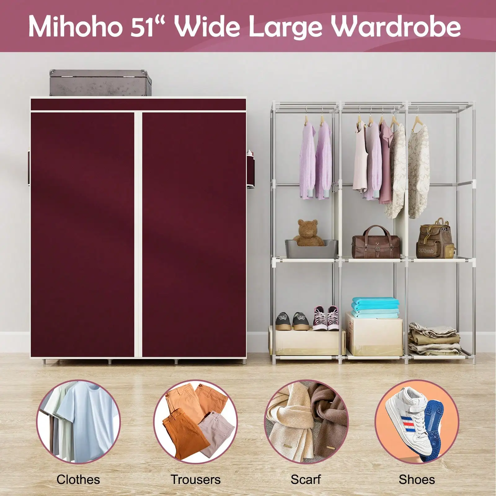 65" Portable Wardrobe Closet with Shelves & Hanging Rod, Large Capacity Cloth Storage Cabinet with Zipper Cover, Dustproof Non-Woven Fabric Organizer for Bedroom Dorm Apartment, Easy Assembly