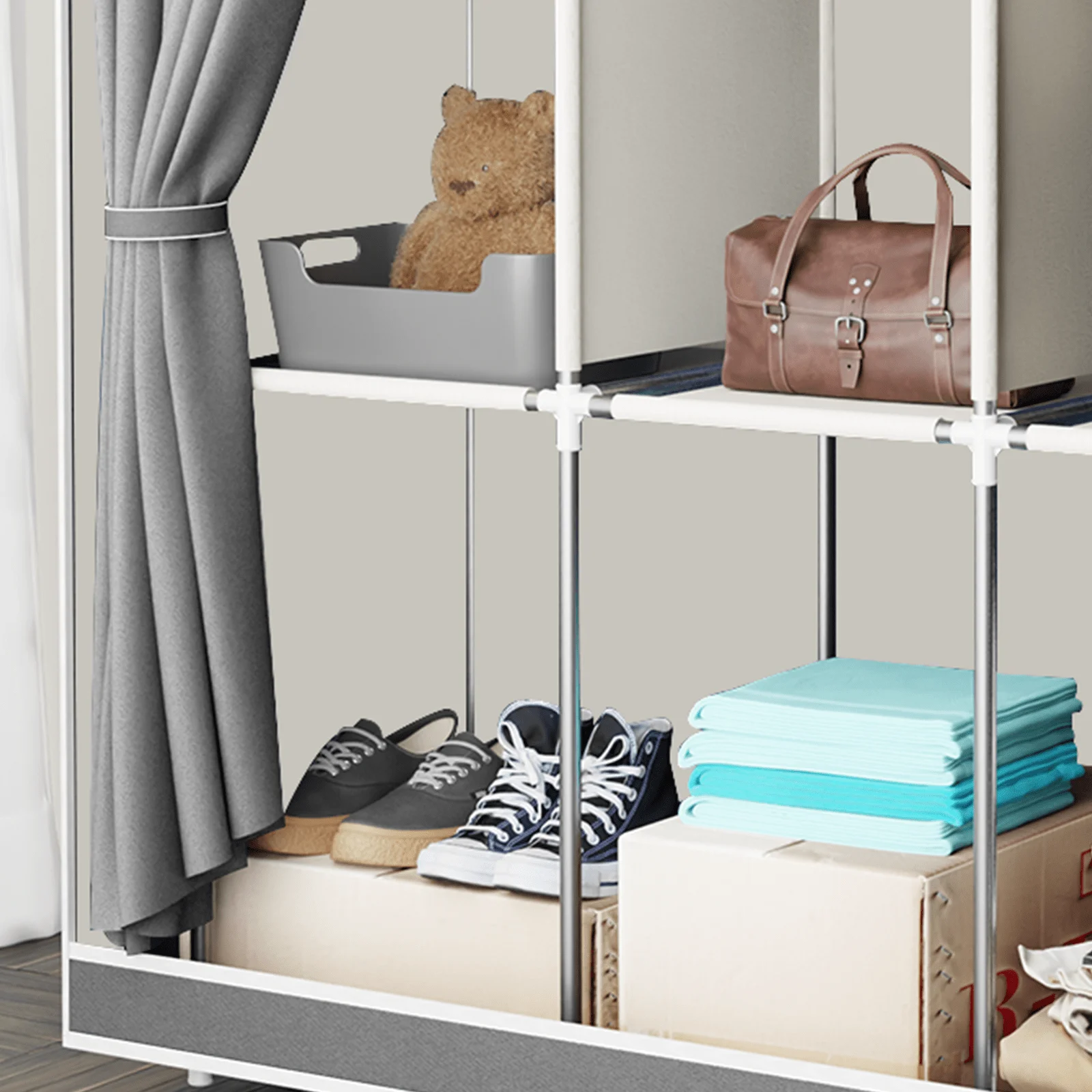 65" Portable Wardrobe Closet with Shelves & Hanging Rod, Large Capacity Cloth Storage Cabinet with Zipper Cover, Dustproof Non-Woven Fabric Organizer for Bedroom Dorm Apartment, Easy Assembly