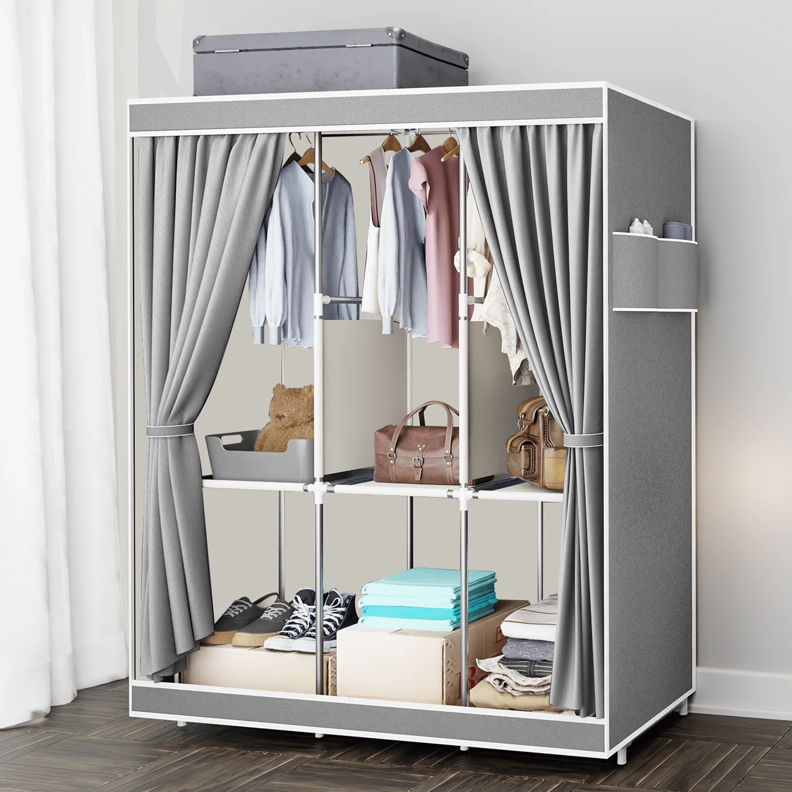 65" Portable Wardrobe Closet with Shelves & Hanging Rod, Large Capacity Cloth Storage Cabinet with Zipper Cover, Dustproof Non-Woven Fabric Organizer for Bedroom Dorm Apartment, Easy Assembly
