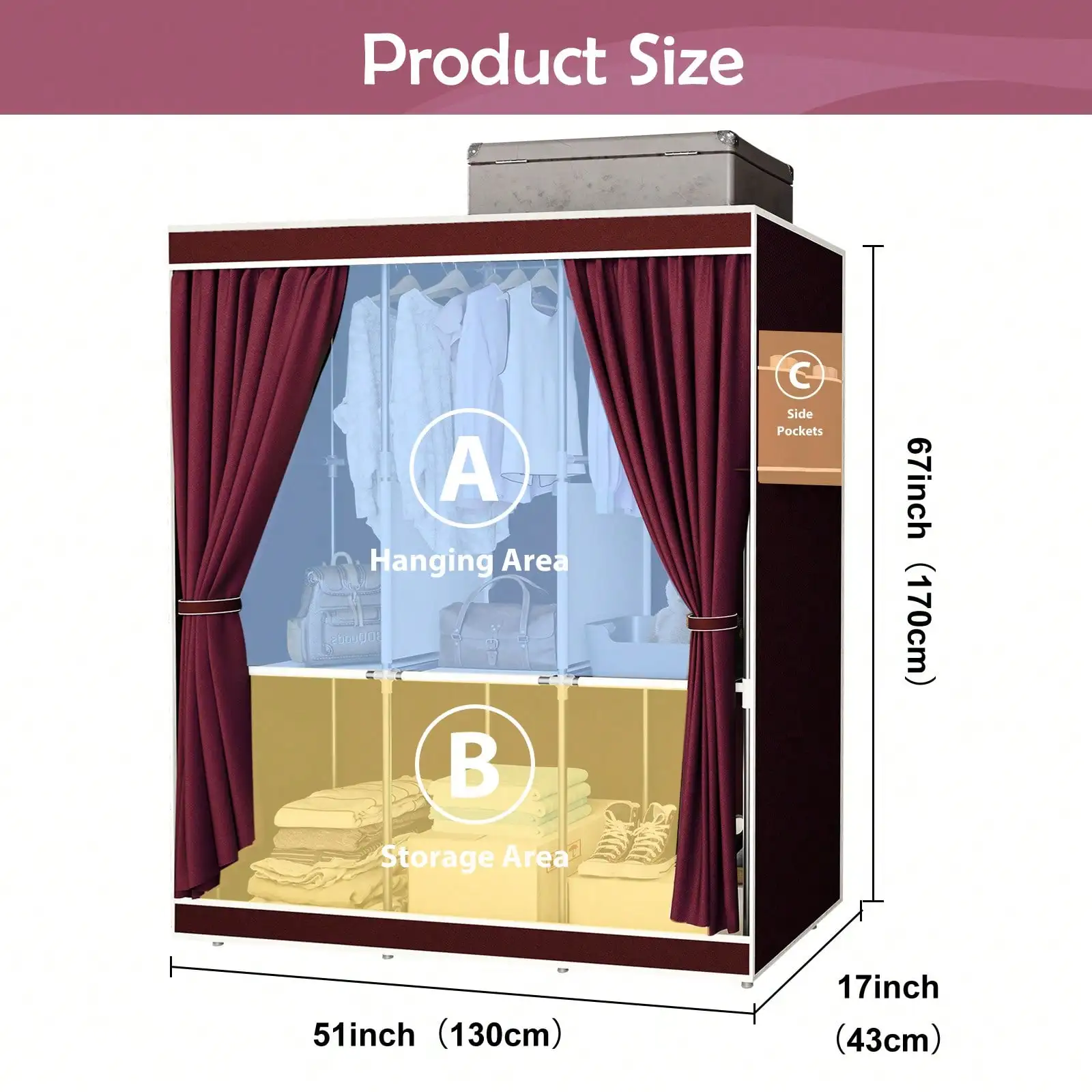 65" Portable Wardrobe Closet with Shelves & Hanging Rod, Large Capacity Cloth Storage Cabinet with Zipper Cover, Dustproof Non-Woven Fabric Organizer for Bedroom Dorm Apartment, Easy Assembly