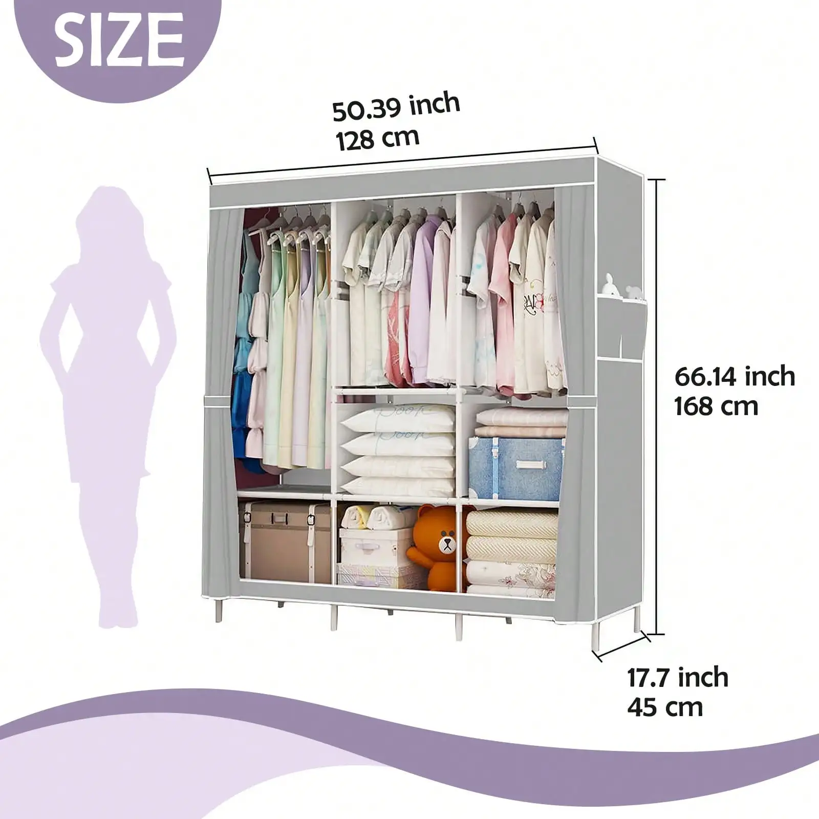 65" Portable Wardrobe Closet with Shelves & Hanging Rod, Large Capacity Cloth Storage Cabinet with Zipper Cover, Dustproof Non-Woven Fabric Organizer for Bedroom Dorm Apartment, Easy Assembly