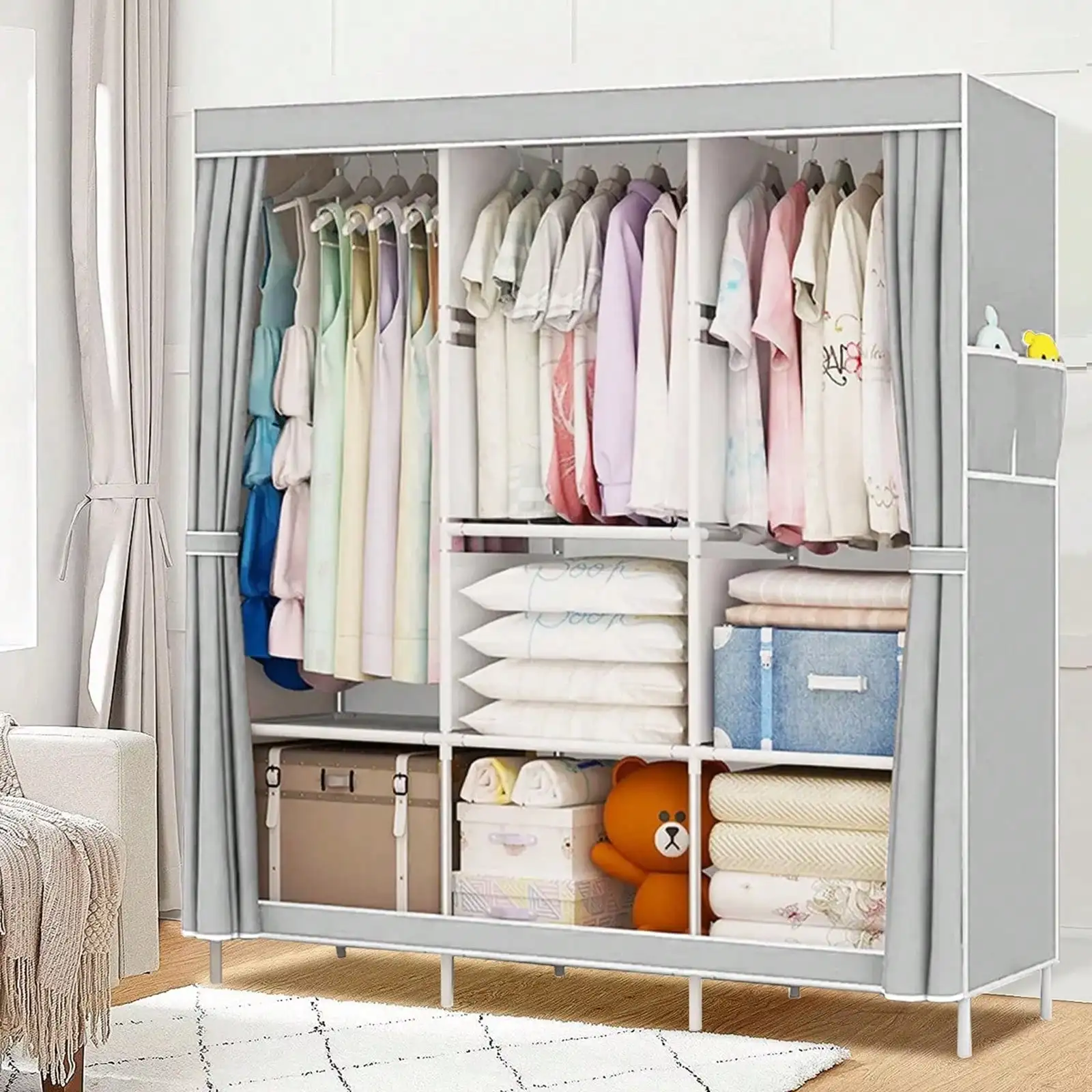 65" Portable Wardrobe Closet with Shelves & Hanging Rod, Large Capacity Cloth Storage Cabinet with Zipper Cover, Dustproof Non-Woven Fabric Organizer for Bedroom Dorm Apartment, Easy Assembly