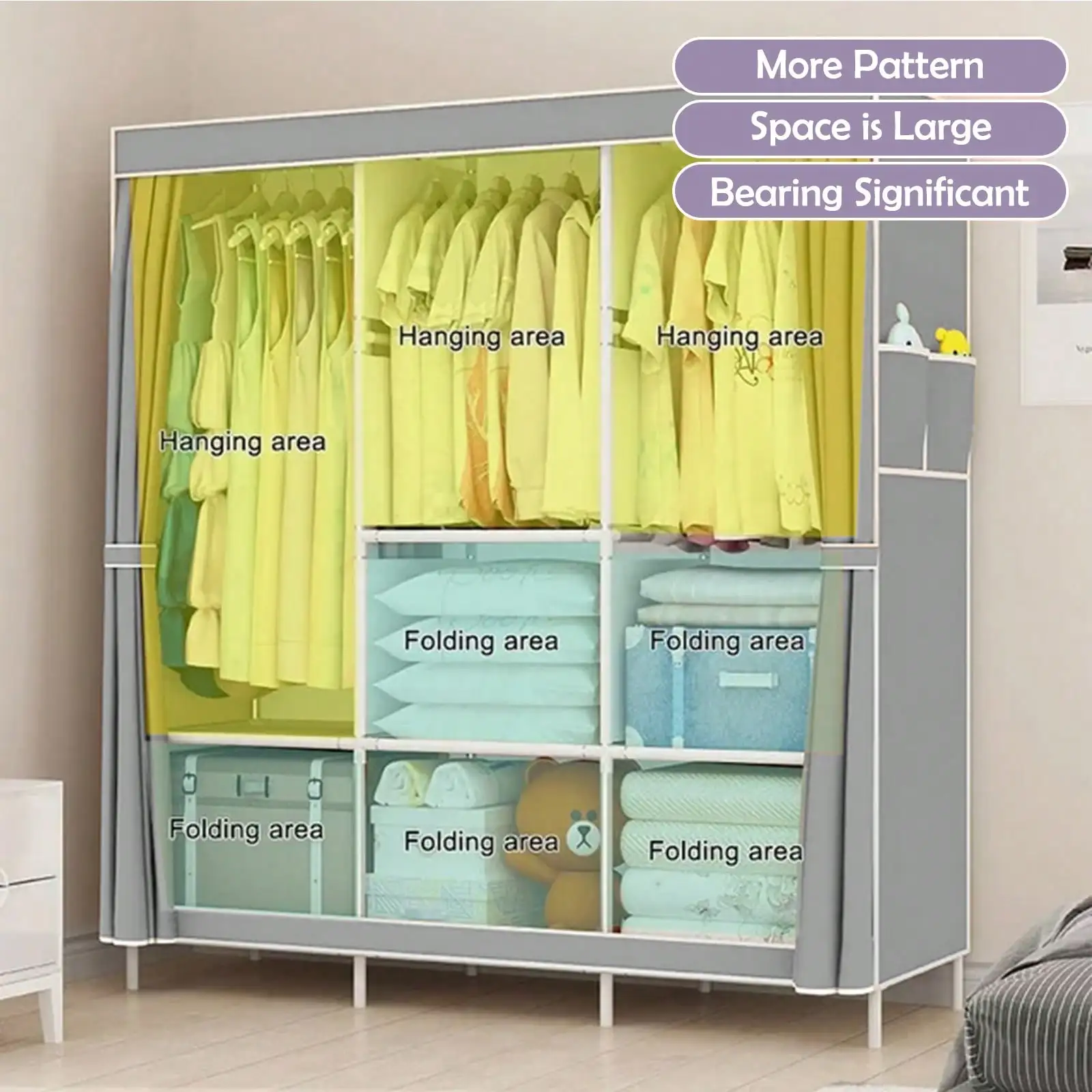 65" Portable Wardrobe Closet with Shelves & Hanging Rod, Large Capacity Cloth Storage Cabinet with Zipper Cover, Dustproof Non-Woven Fabric Organizer for Bedroom Dorm Apartment, Easy Assembly