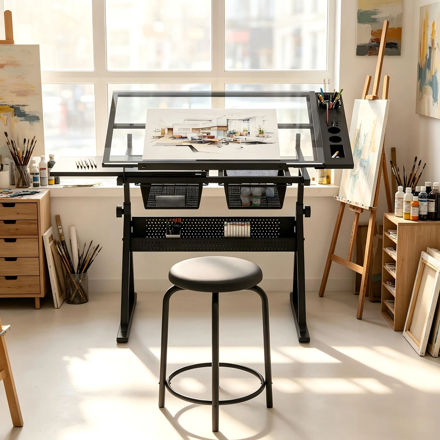 Height Adjustable Drafting Table With Stool, 0-75° Tilting Glass Drawing Desk With 2 Drawers, Art Craft Painting Workstation For Home Office