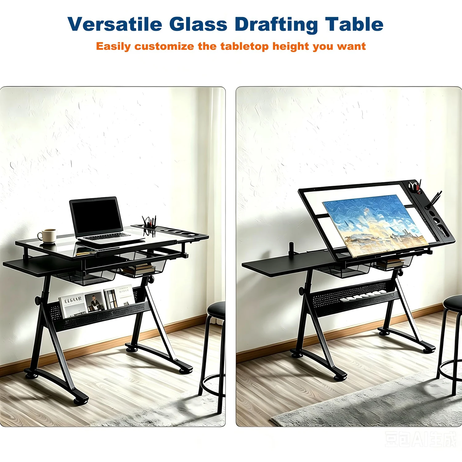 Height Adjustable Drafting Table With Stool, 0-75° Tilting Glass Drawing Desk With 2 Drawers, Art Craft Painting Workstation For Home Office