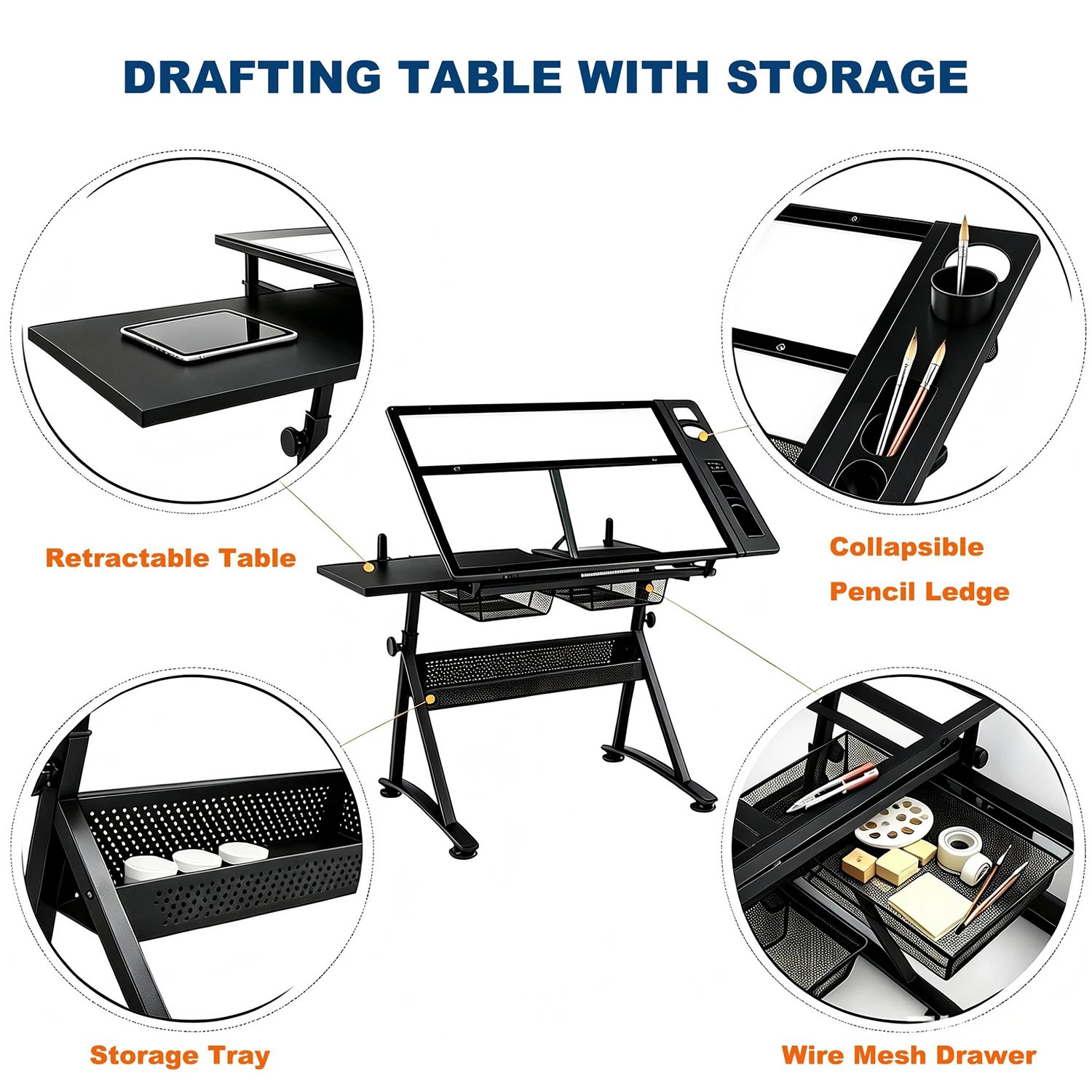 Height Adjustable Drafting Table With Stool, 0-75° Tilting Glass Drawing Desk With 2 Drawers, Art Craft Painting Workstation For Home Office