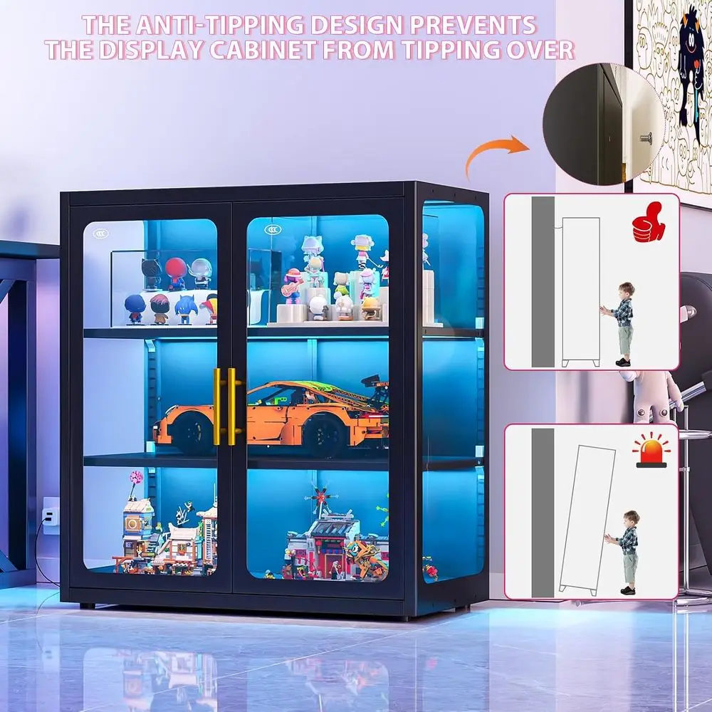 34" Display Cabinet with Glass Do, 4-Tier Curio Cabinet with Many Color Lights or Collectibles, Glass Display Case, Bookcase wit