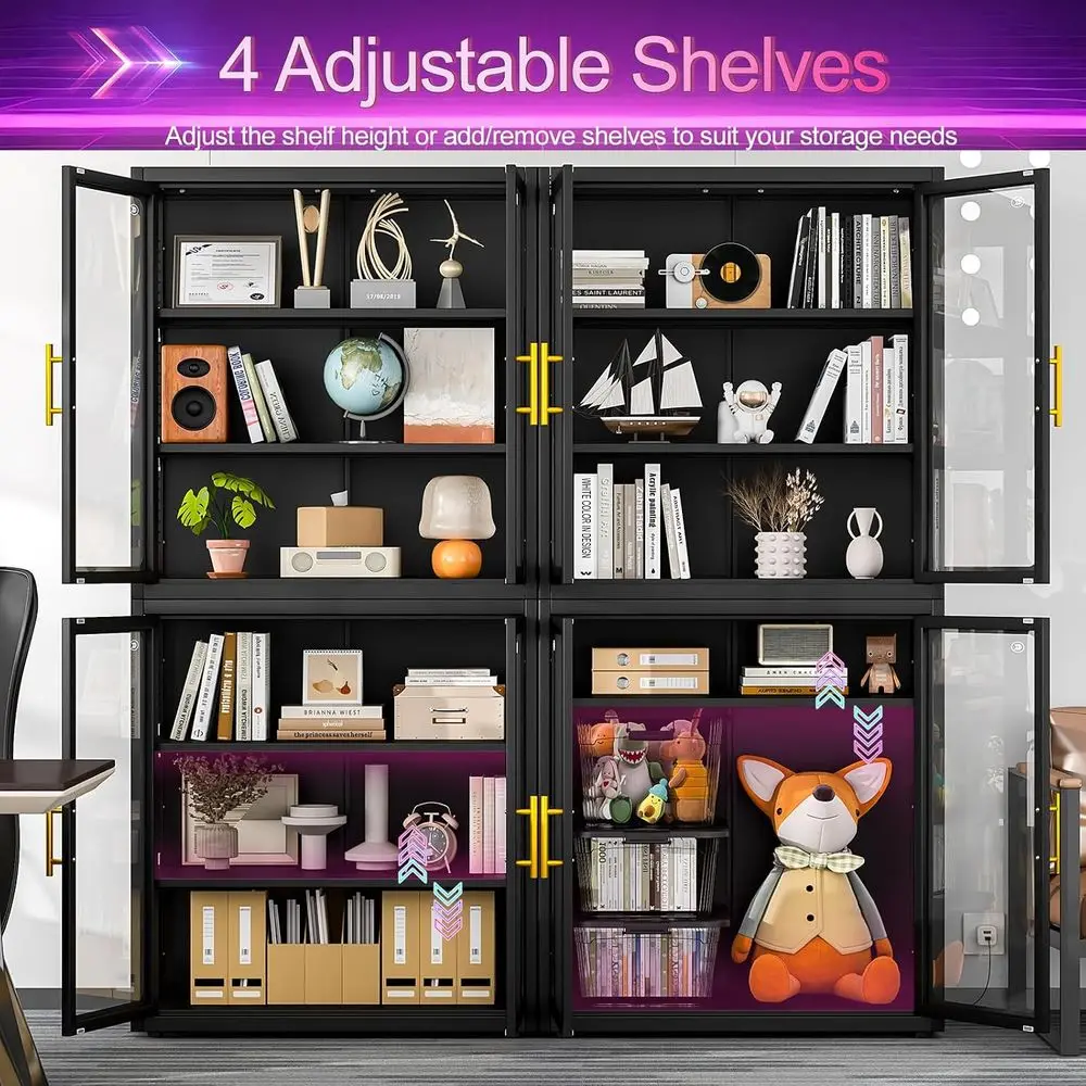 34" Display Cabinet with Glass Do, 4-Tier Curio Cabinet with Many Color Lights or Collectibles, Glass Display Case, Bookcase wit