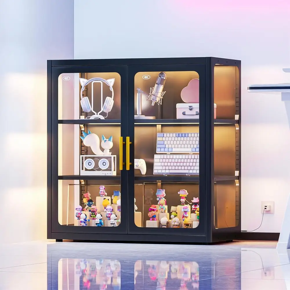 34" Display Cabinet with Glass Do, 4-Tier Curio Cabinet with Many Color Lights or Collectibles, Glass Display Case, Bookcase wit