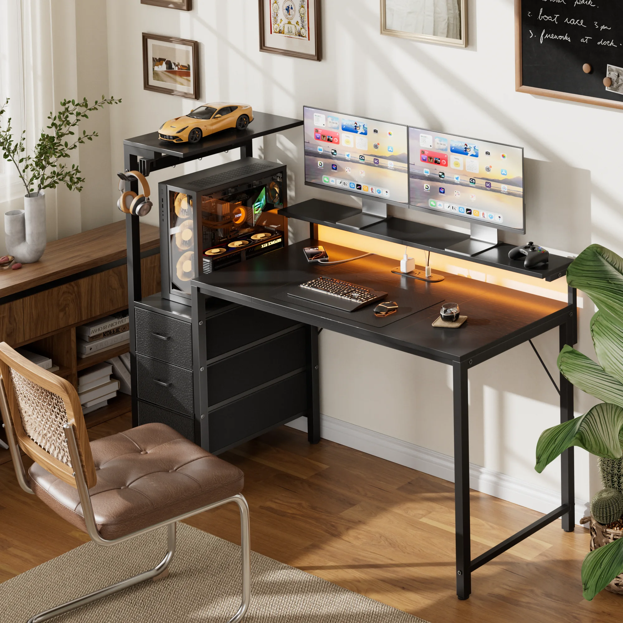 44/60 inch Computer Desk with Built-in Power Strip, Adjustable Monitor Riser, 3 Fabric Storage Drawers, PC Tower Stand & Headphone Hooks, Ergonomic Home Office Writing Workstation for Bedroom Study