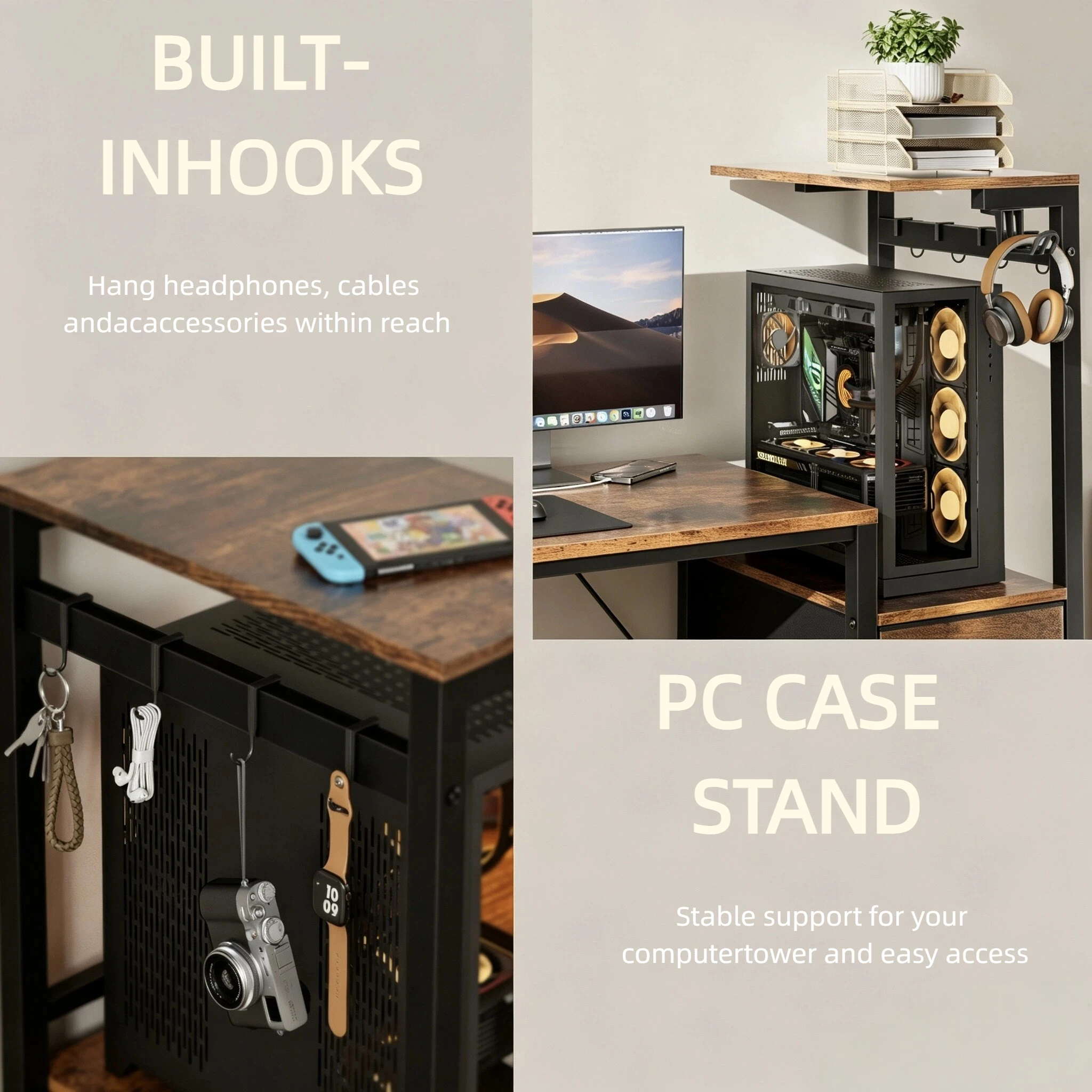 44/60 inch Computer Desk with Built-in Power Strip, Adjustable Monitor Riser, 3 Fabric Storage Drawers, PC Tower Stand & Headphone Hooks, Ergonomic Home Office Writing Workstation for Bedroom Study
