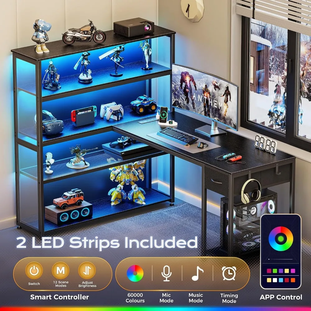 57 Inch L-Shaped Gaming Desk with Open Cabinet, Power Outlets, LED Lights, Adjustable Shelves, Black