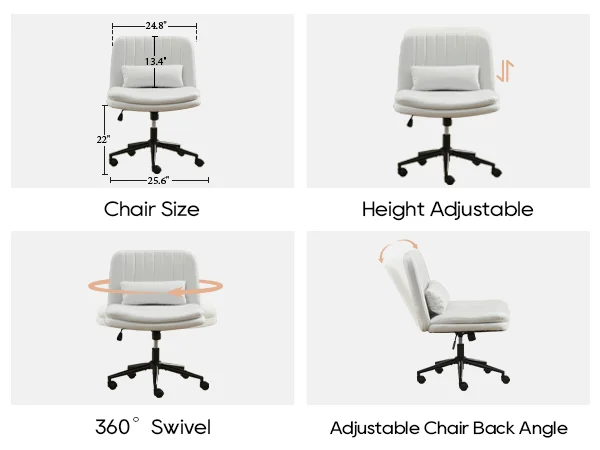 TCGBKAF Gray Criss Cross Chair Armless Desk Office with Wheels And Lumbar Pillow Adjustable Swivel Task Vanity Linen Chair