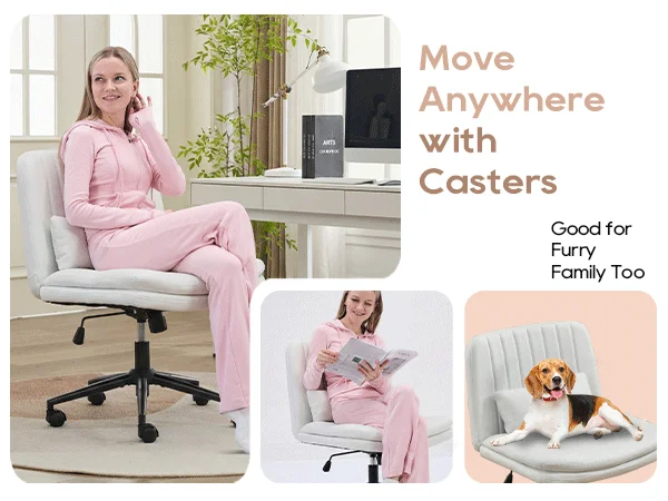 TCGBKAF Gray Criss Cross Chair Armless Desk Office with Wheels And Lumbar Pillow Adjustable Swivel Task Vanity Linen Chair