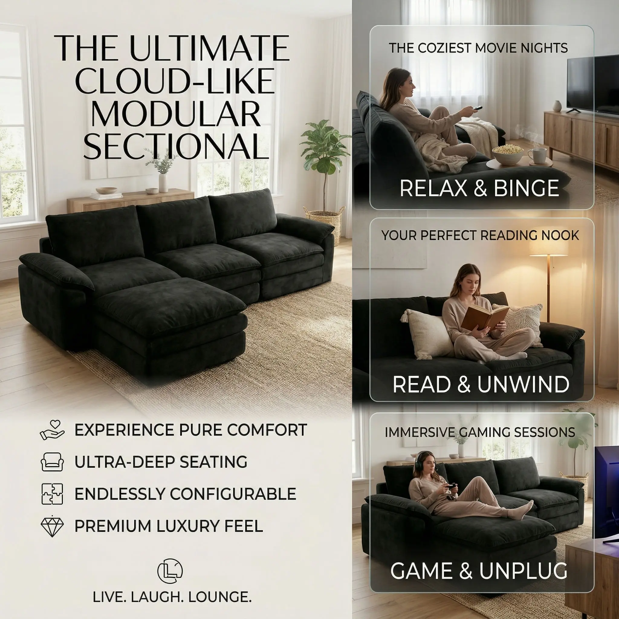 118 Inches L-Shaped Chenille Cloud Lazy Sofa, Black Oversized Deep Seat Modular Sectional Couch with Chaise Lounge, Ultra Soft Cat Scratch Resistant Chenille Fabric, No Assembly Low Maintenance Extra Comfort Large Sofa, Universal Furniture for Living Room